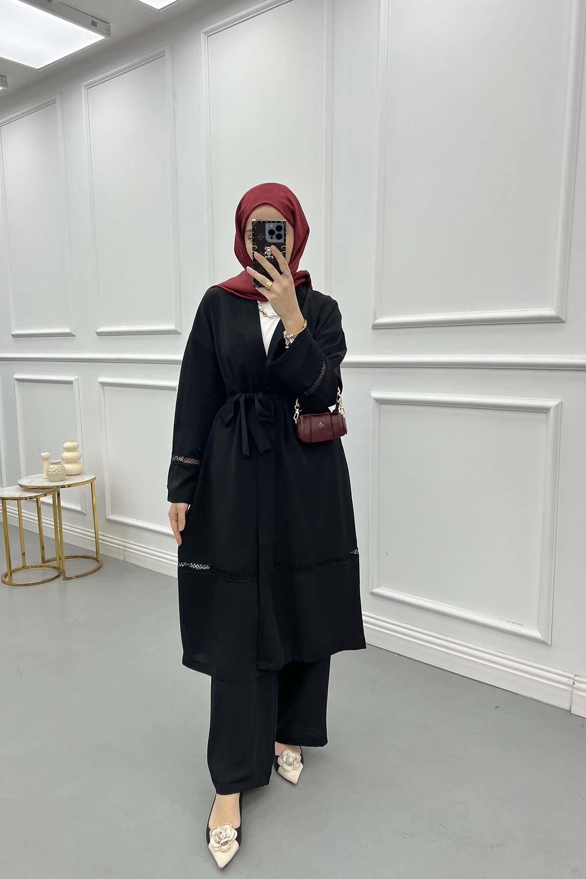 Dantel Şerit Detaylı Kimono Takım Siyah