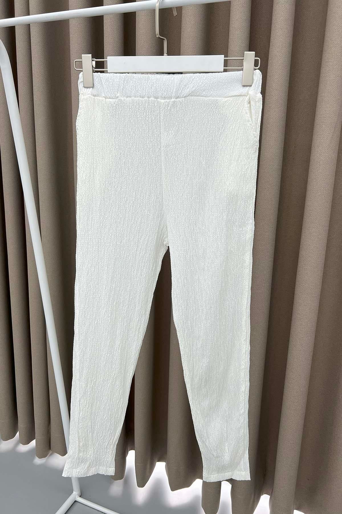 Dar Paça Gofre Pantolon Beyaz