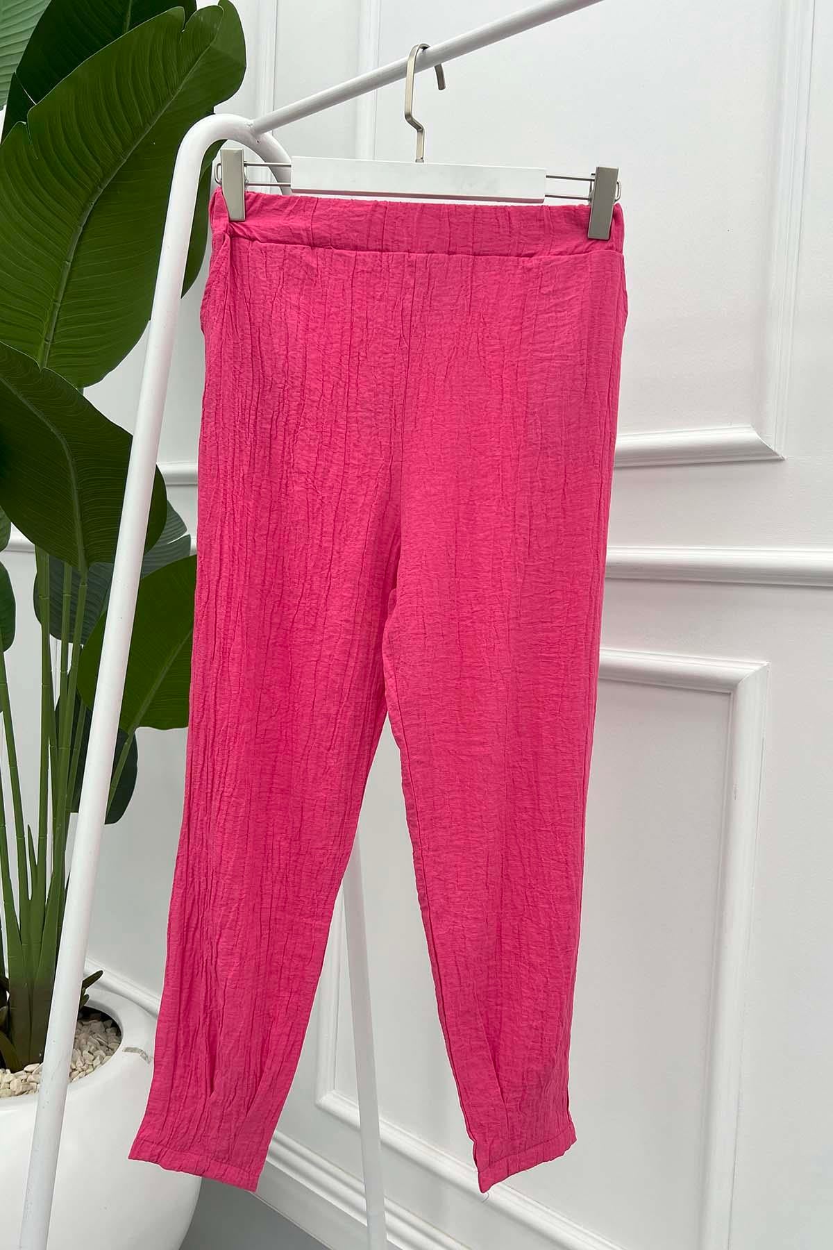 Dar Paça Gofre Pantolon Pembe