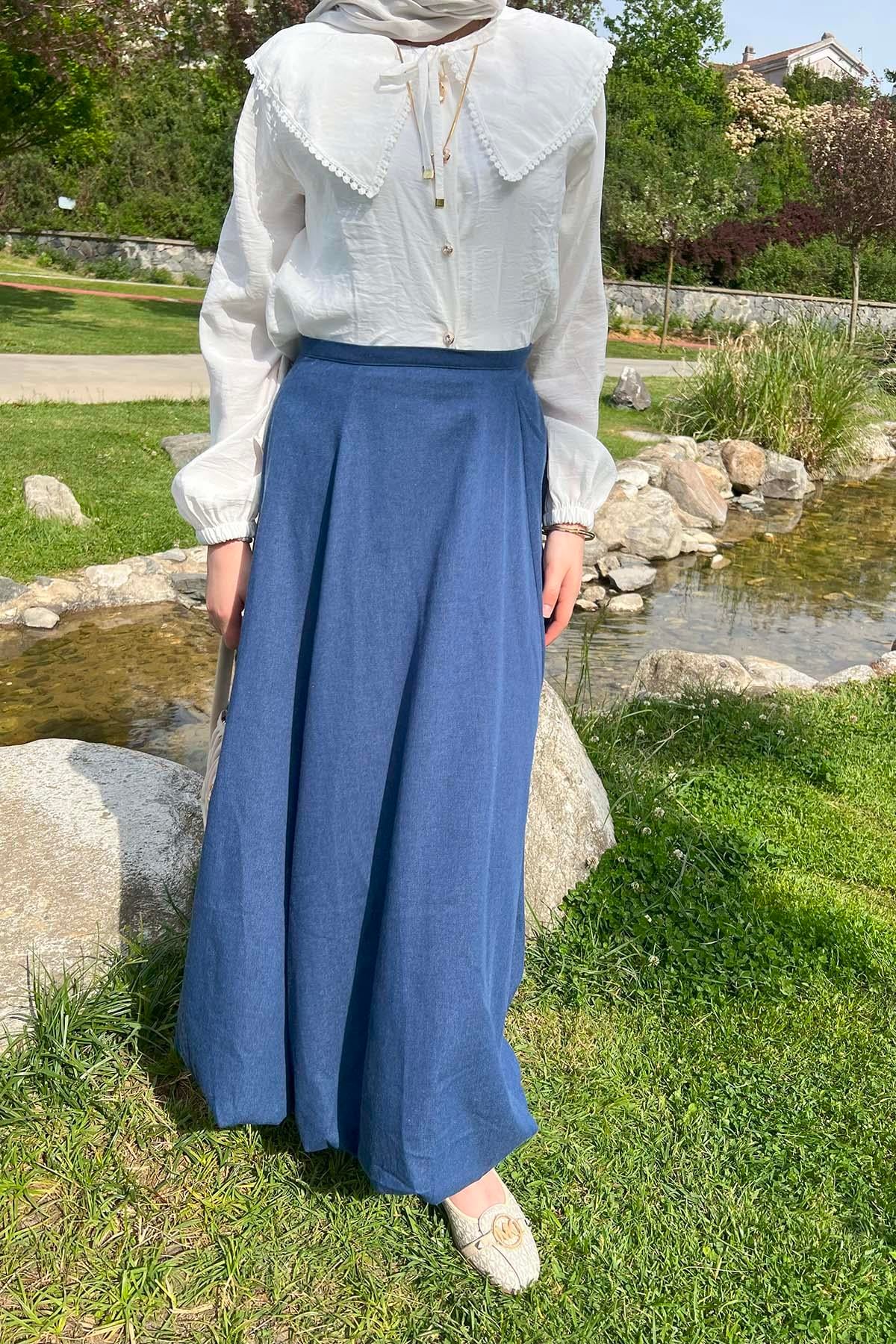 Denim Dokulu Prenses Viral Etek Mavi