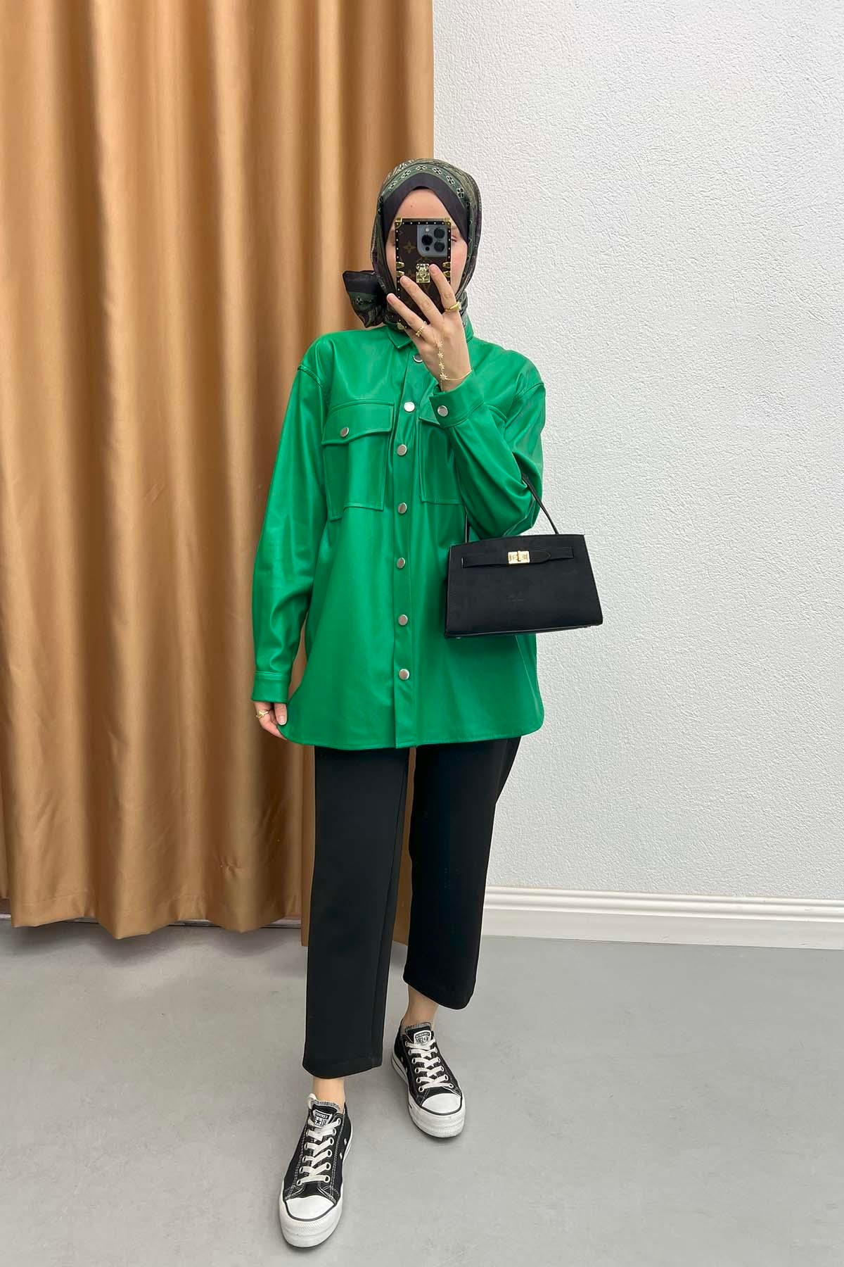 Deri Çıtçıtlı Gömlek Benetton Yeşil