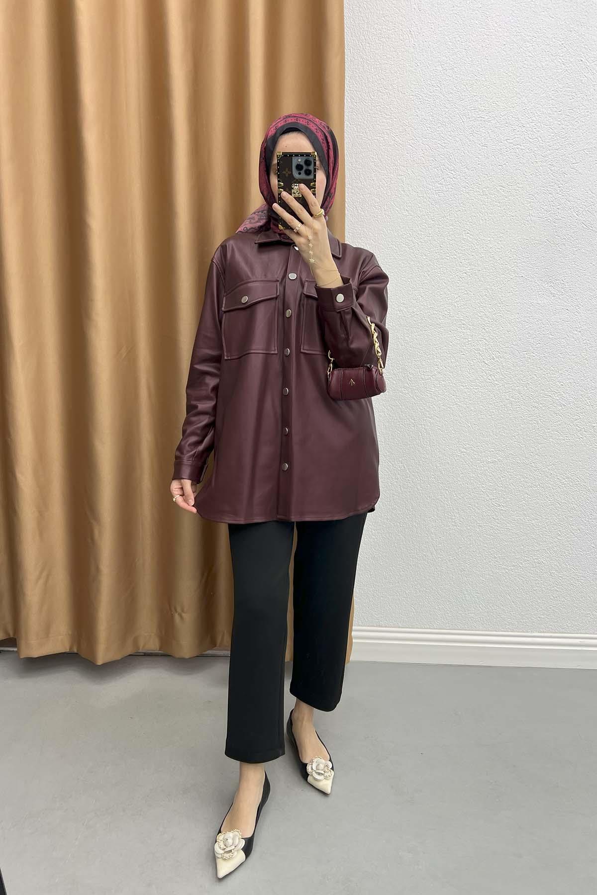 Deri Çıtçıtlı Gömlek Bordo