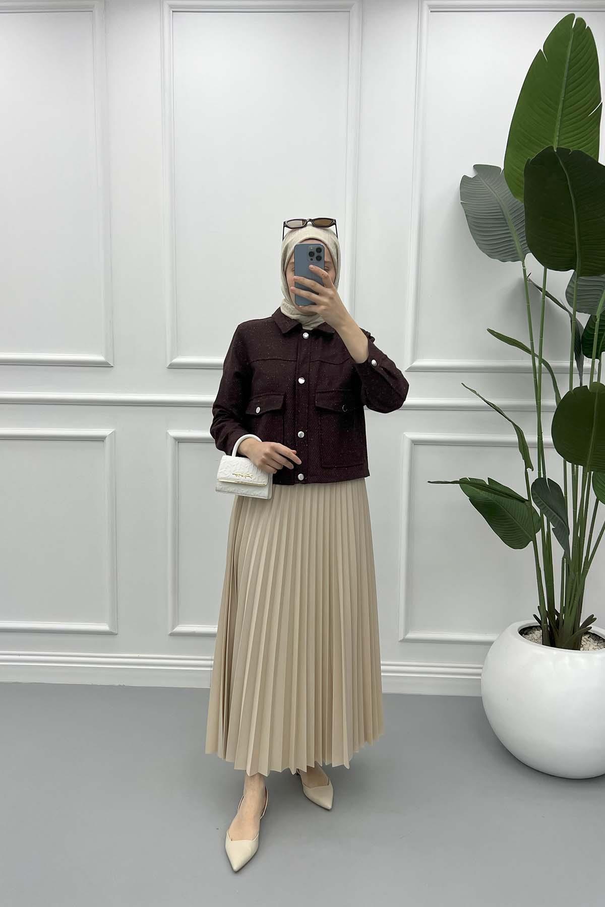 Desenli Crop Ceket Bordo