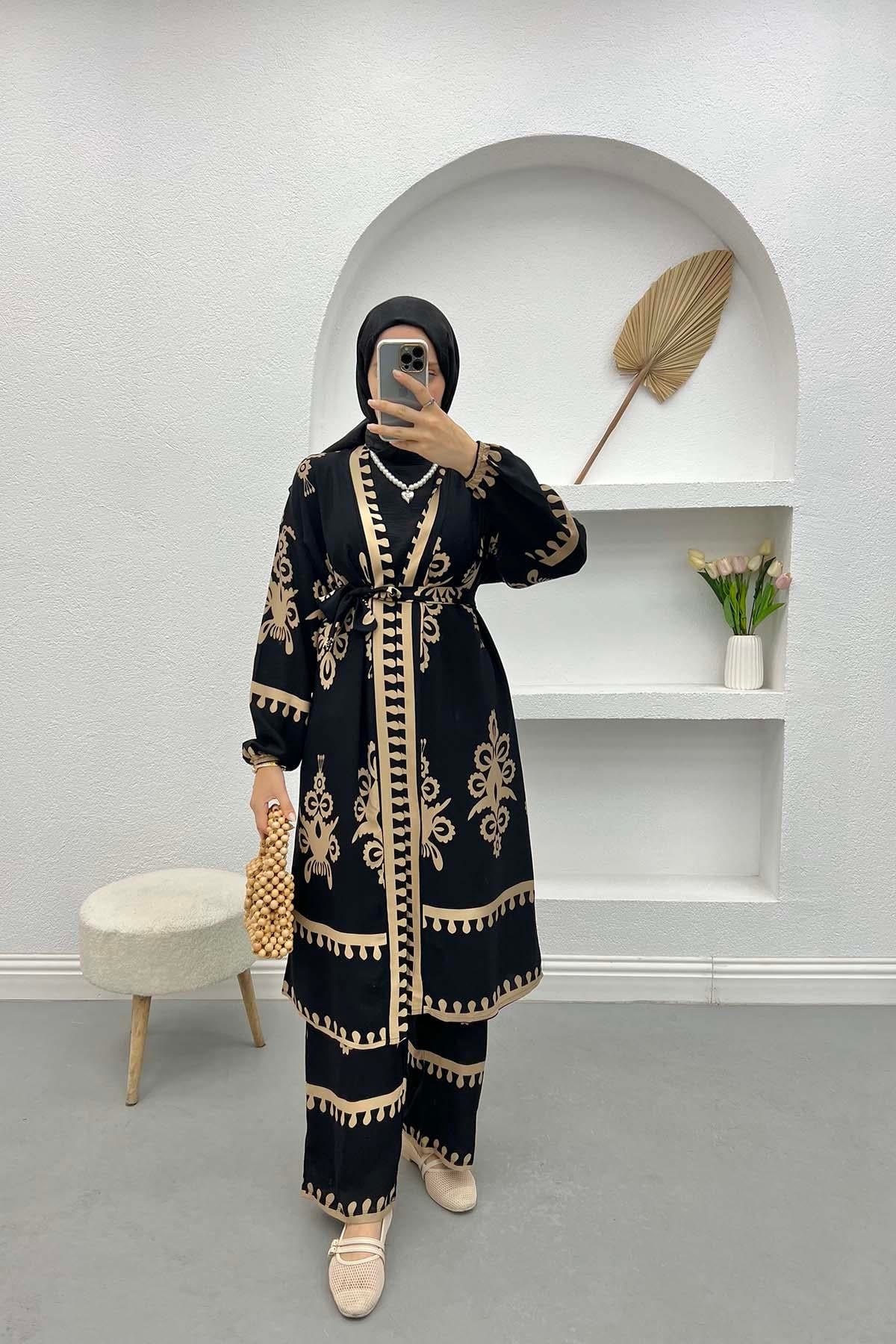 Desenli Kimono Takım Camel