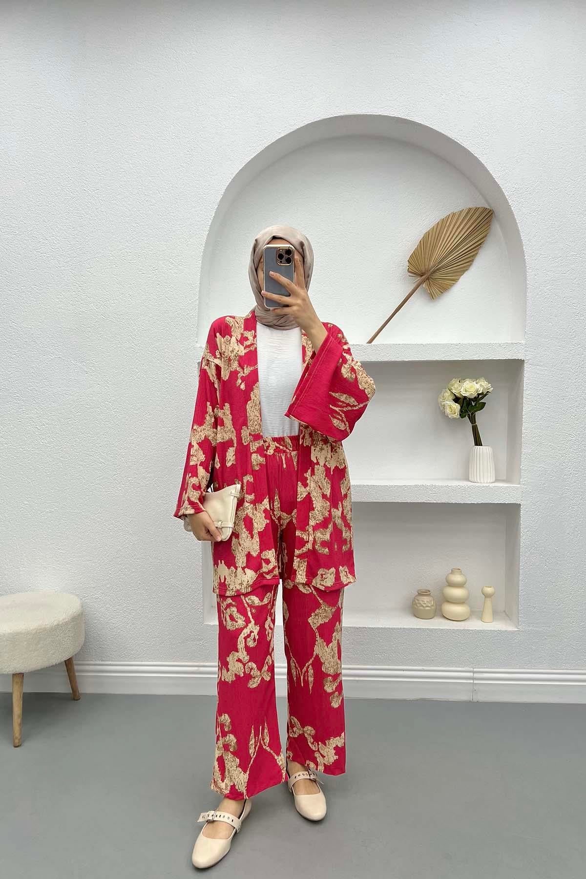 Desenli Kimono Takım Fuşya