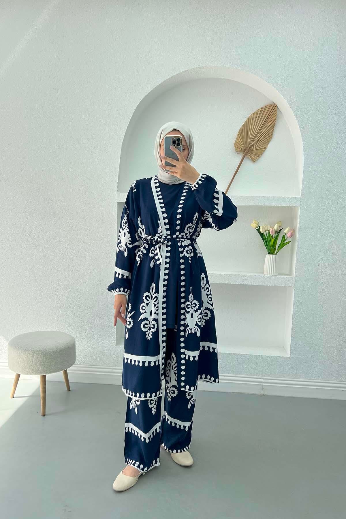 Desenli Kimono Takım Lacivert
