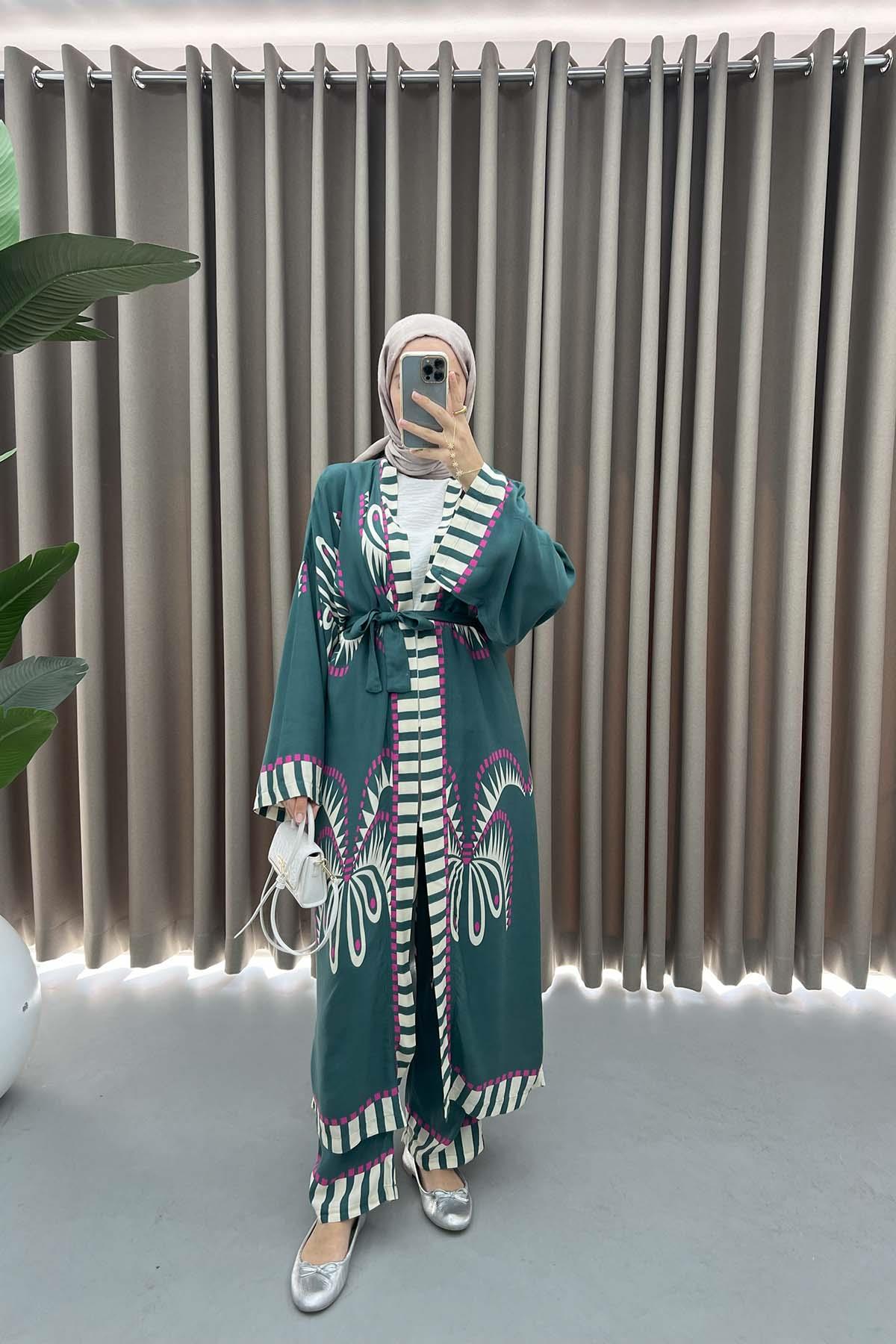 Desenli Kimono Takım Petrol Yeşili