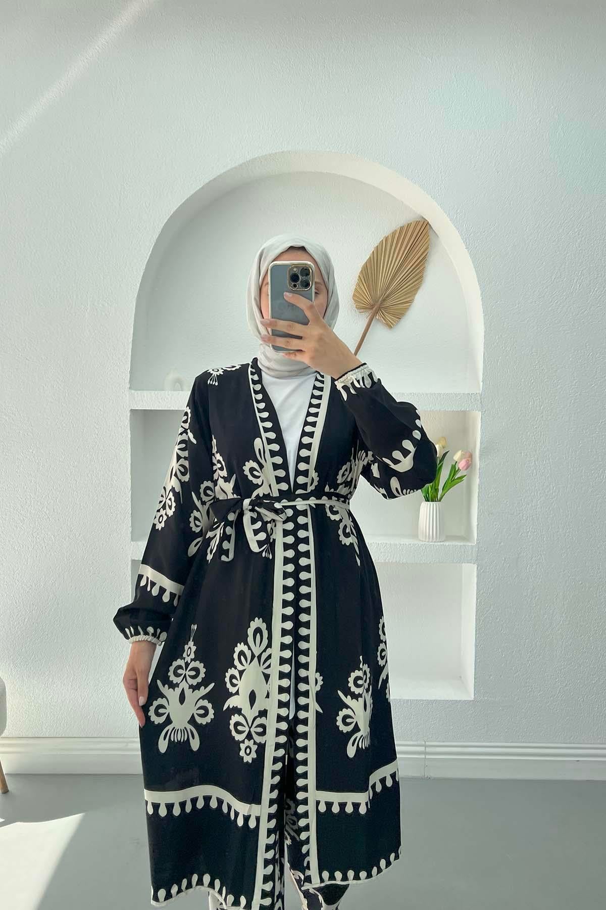 Desenli Kimono Takım Siyah