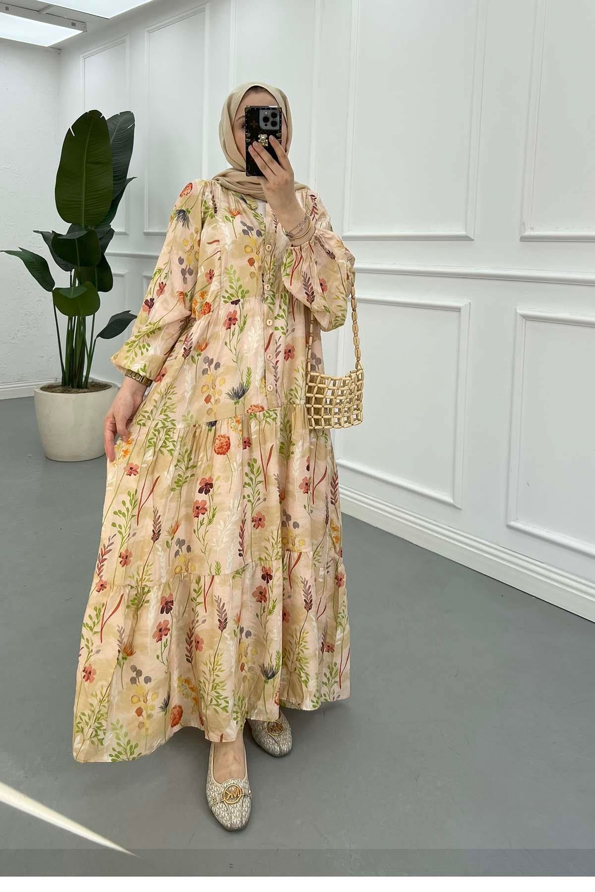 Desenli Mango Elbise Bej