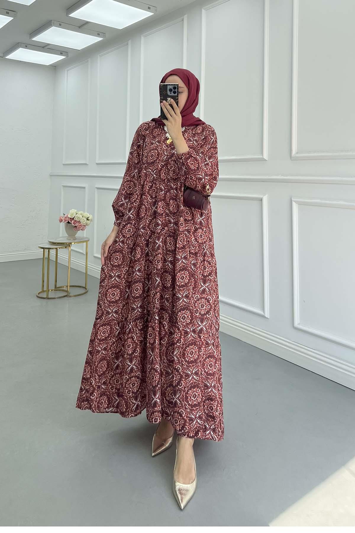 Desenli Mango Elbise Bordo