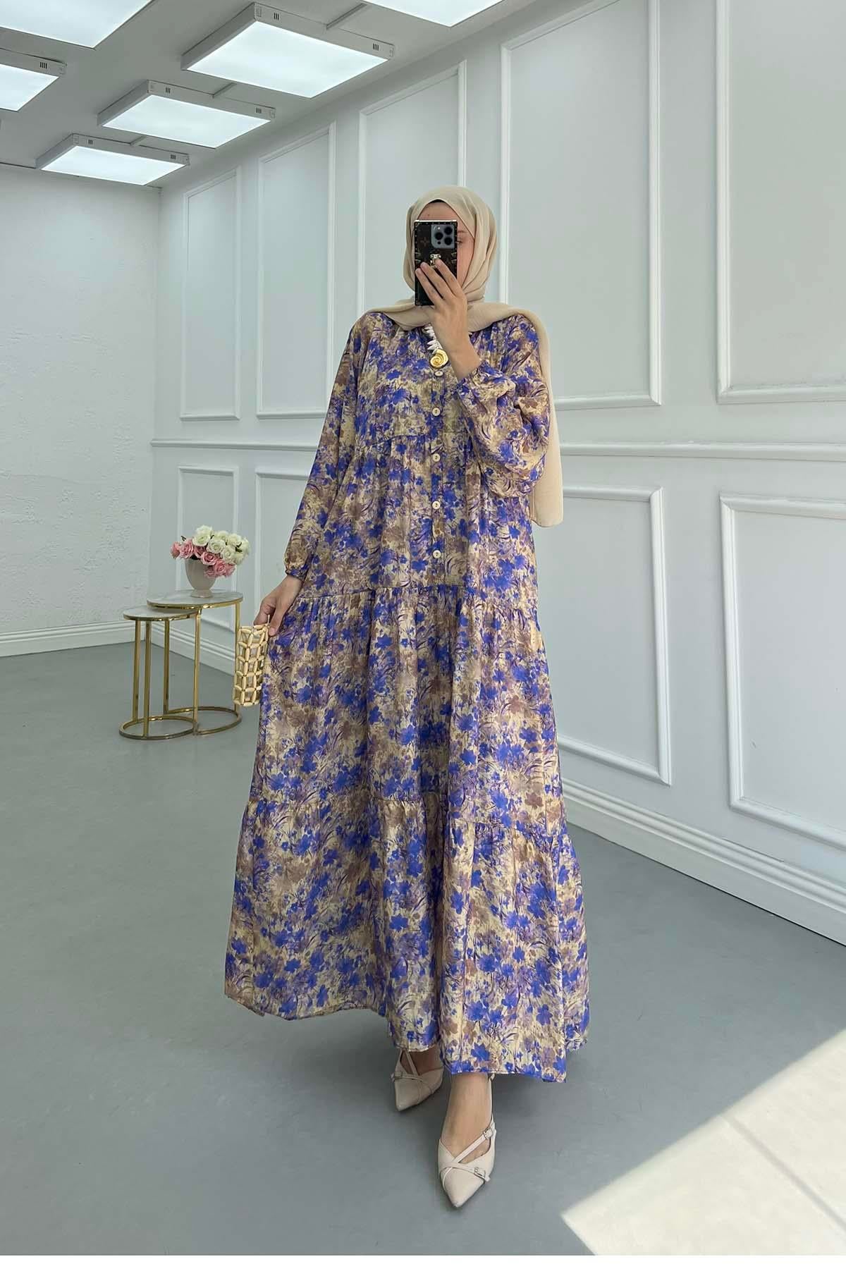 Desenli Mango Elbise Lacivert
