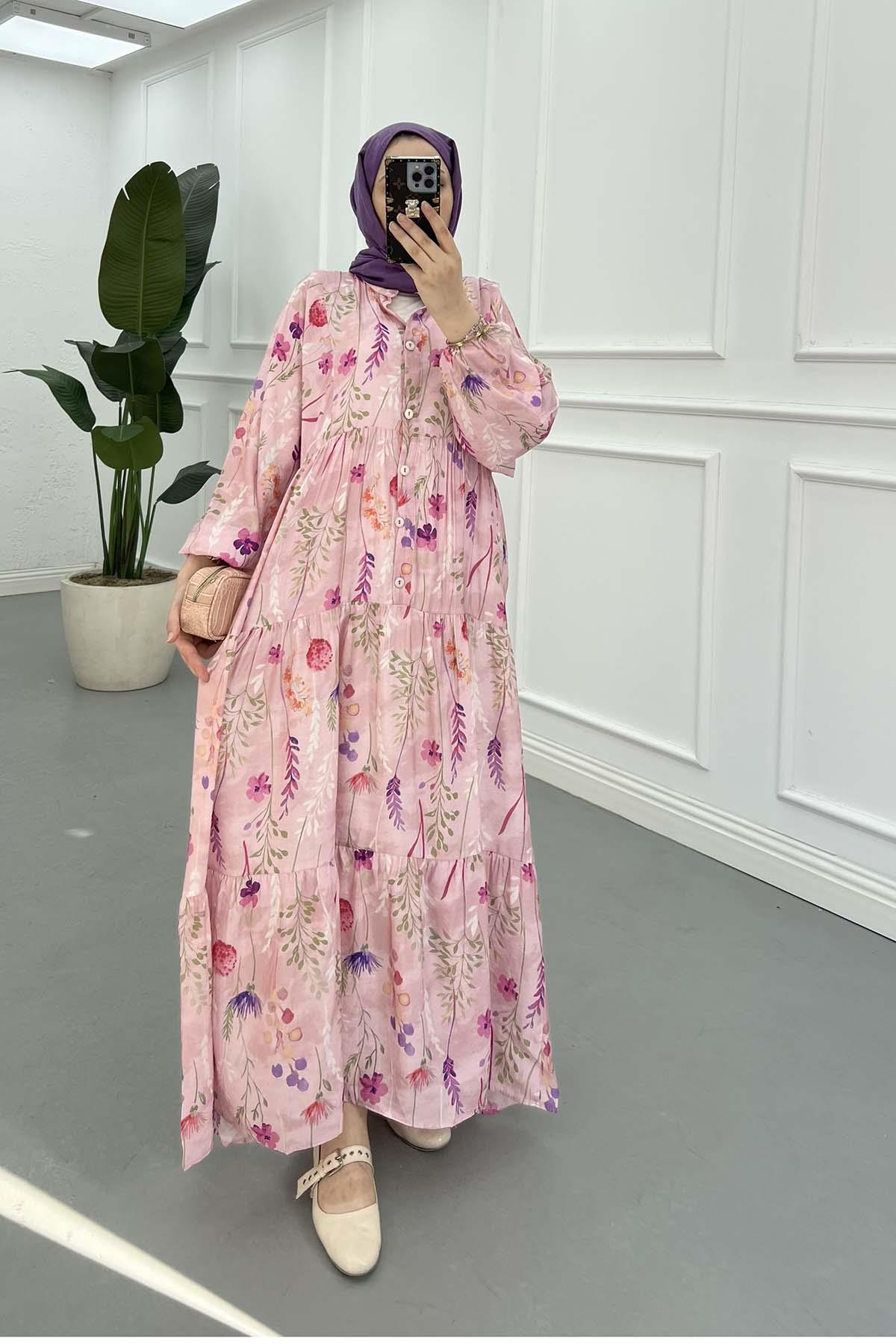 Desenli Mango Elbise Pembe