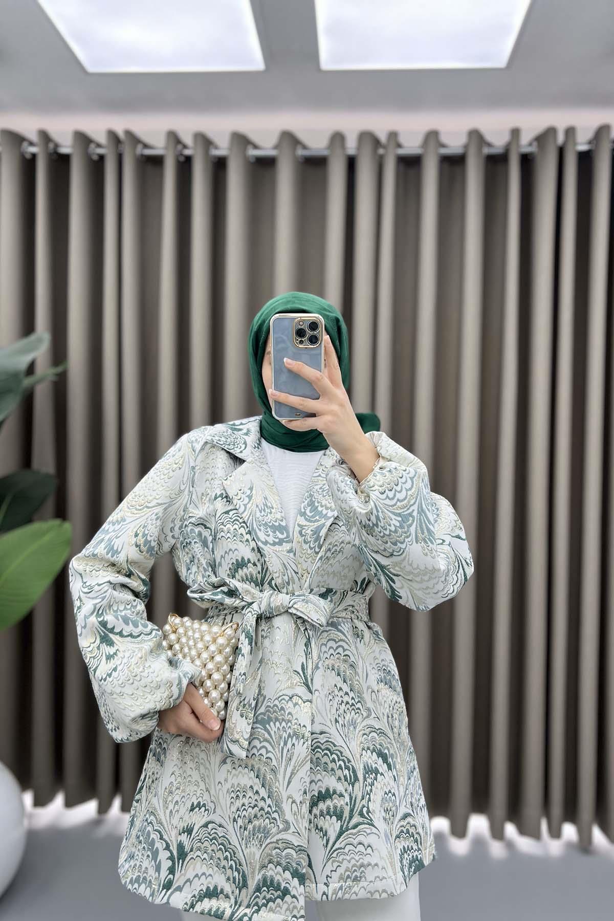 Desenli Simli Kimono Zümrüt Yeşili