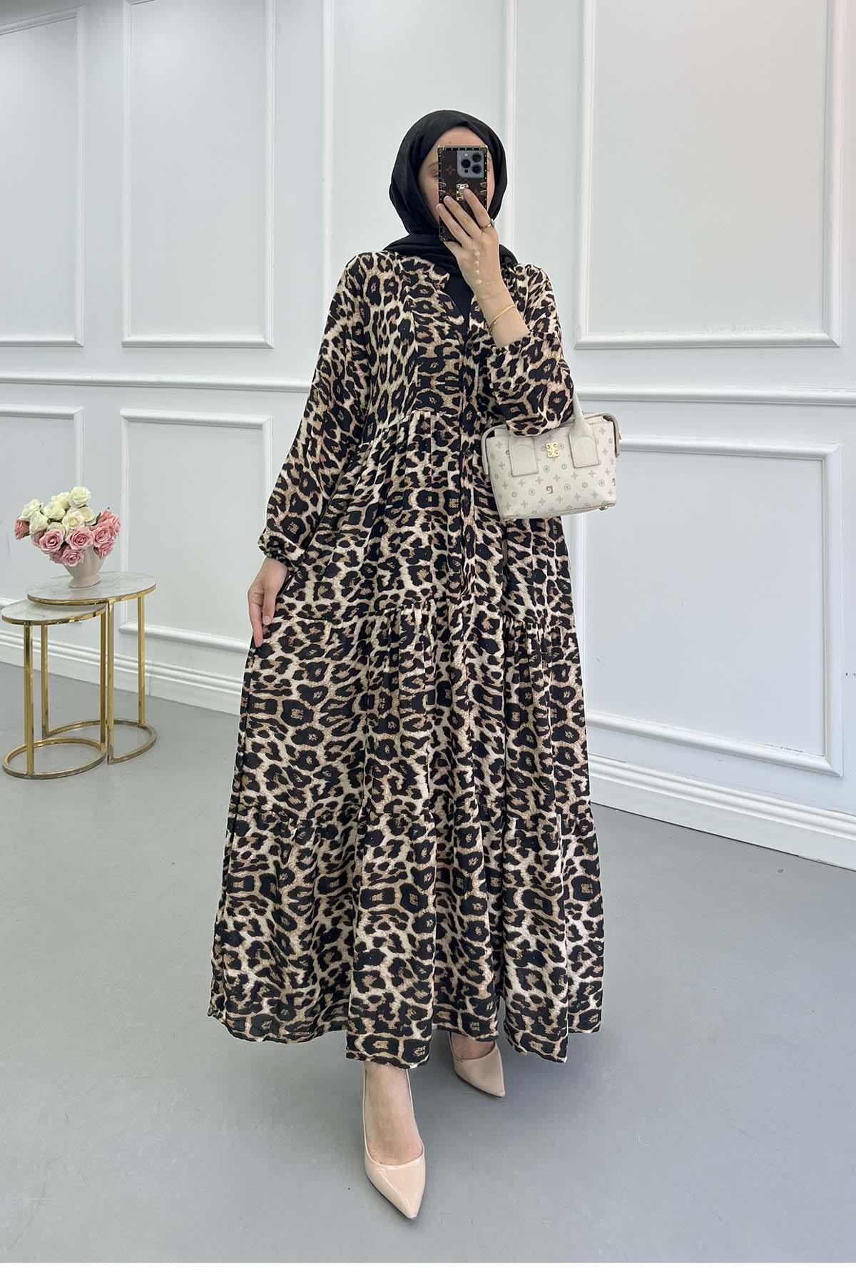 Desenli Viskon Elbise Leopar