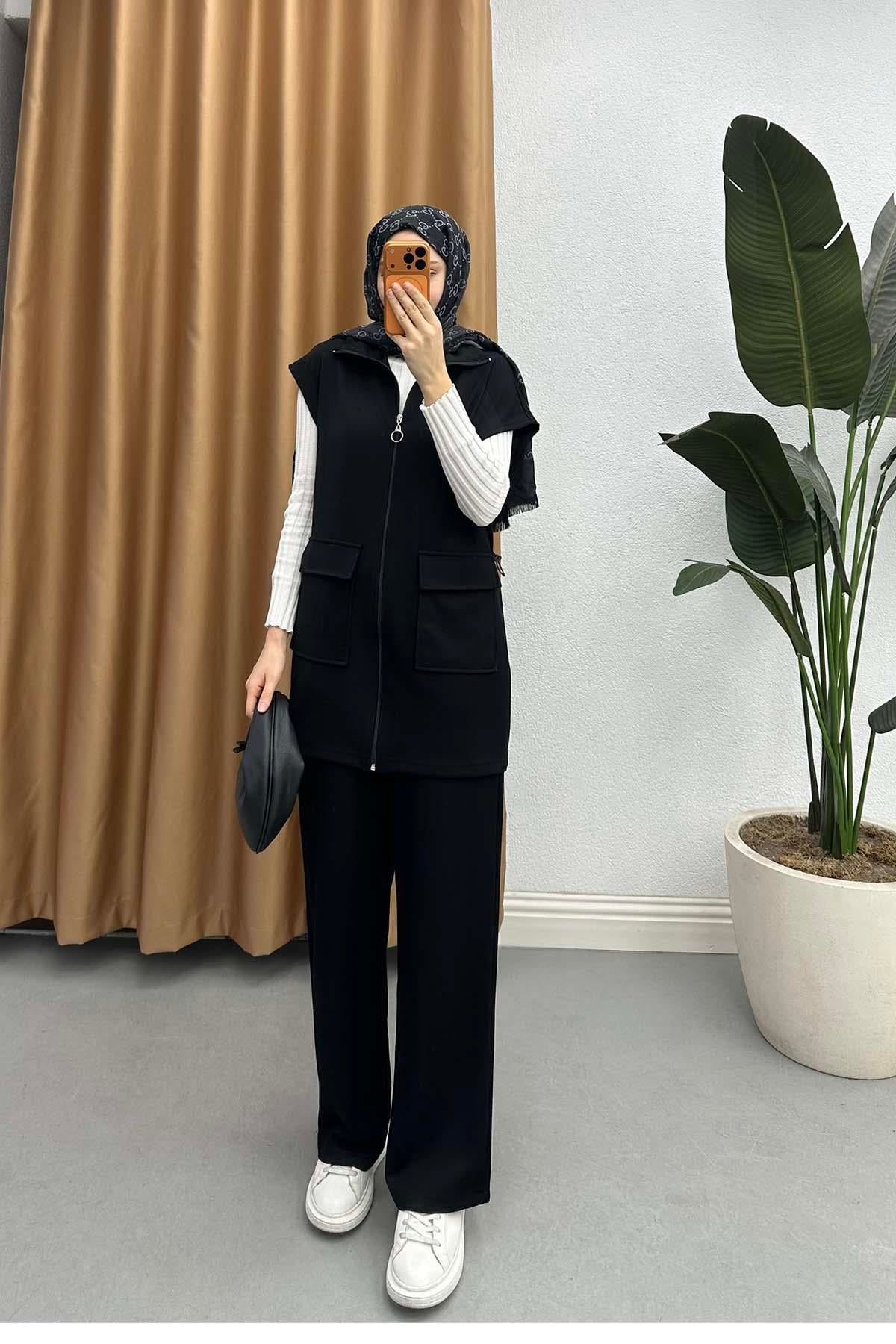Dik Yaka Beli Lastikli Oysh Takım Siyah