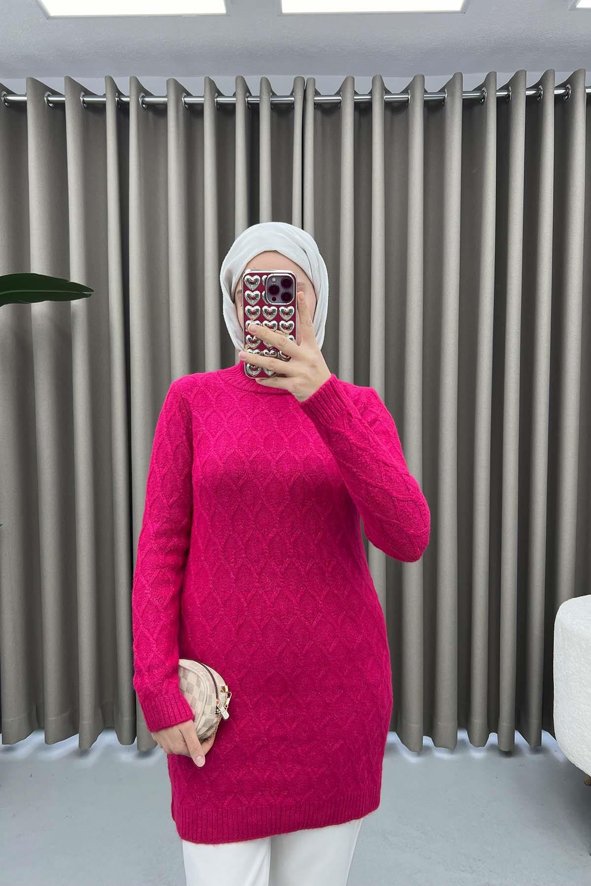 Dik Yaka Desenli Tunik Fuşya