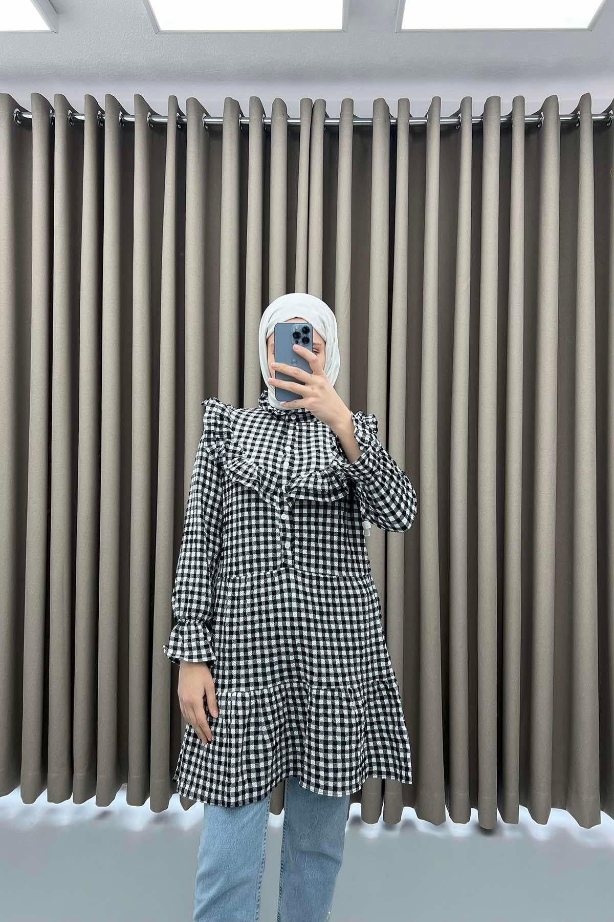 Dik Yaka Pötikare Tunik Siyah