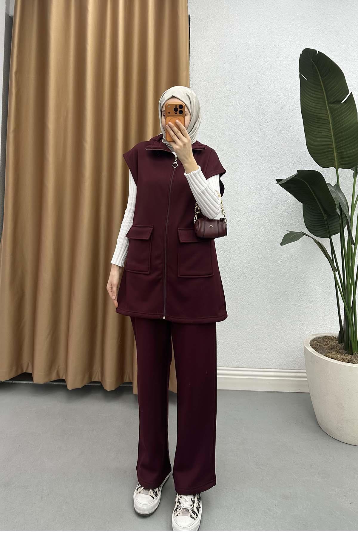 Dik Yaka Şardonlu Oysh Takım Bordo