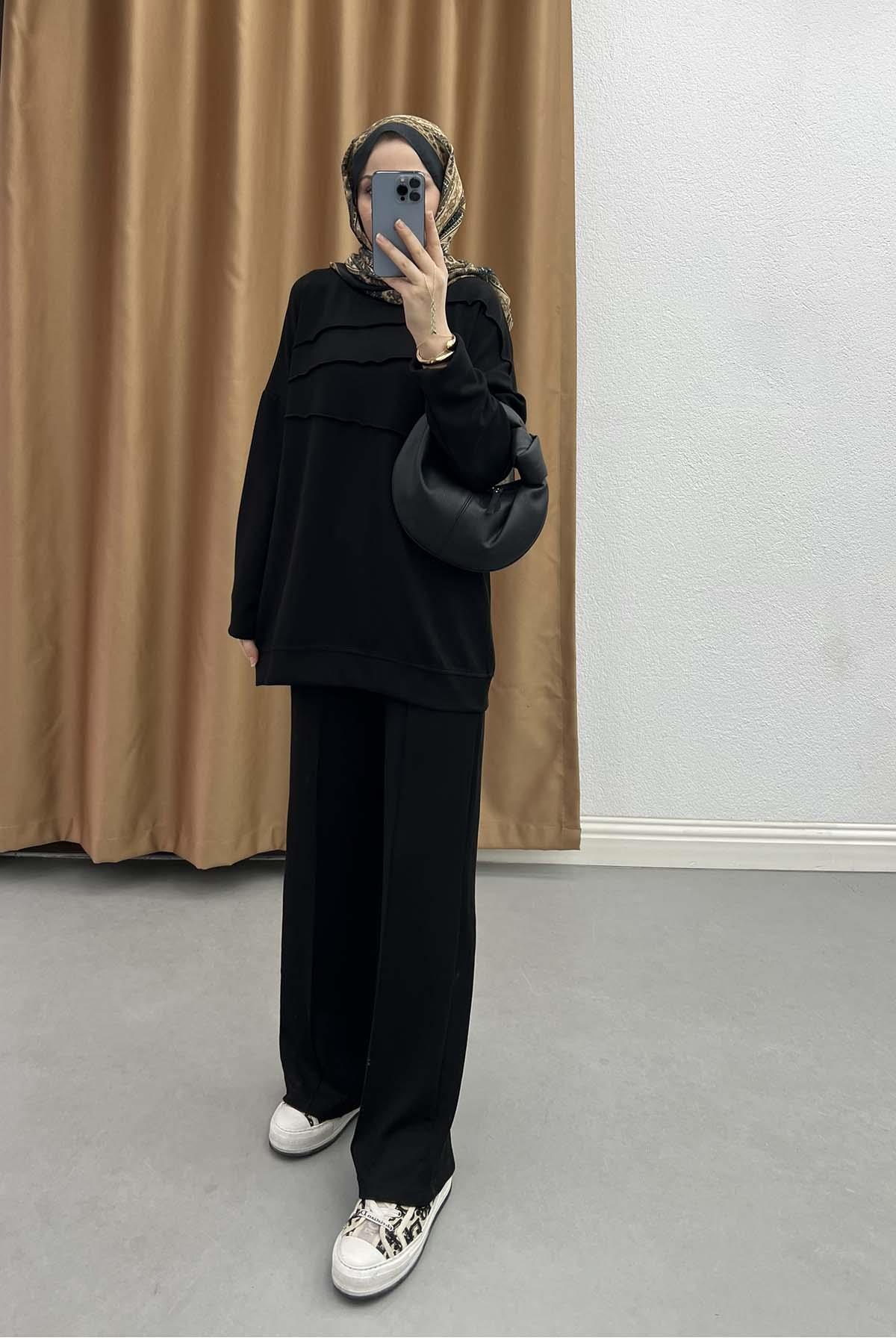Dinamik Çizgili Mevsimlik Modern Takım Siyah