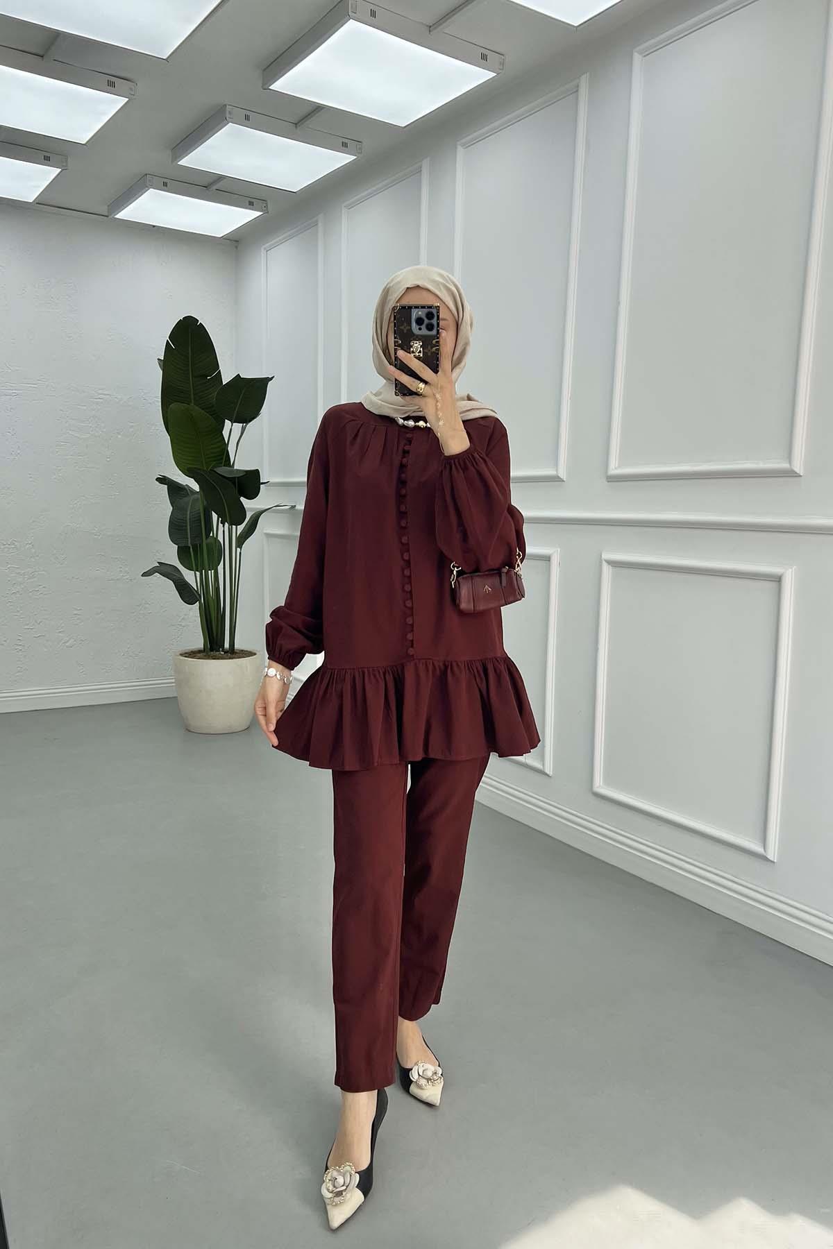 Düğme Detaylı Kolu Lastikli Takım Bordo