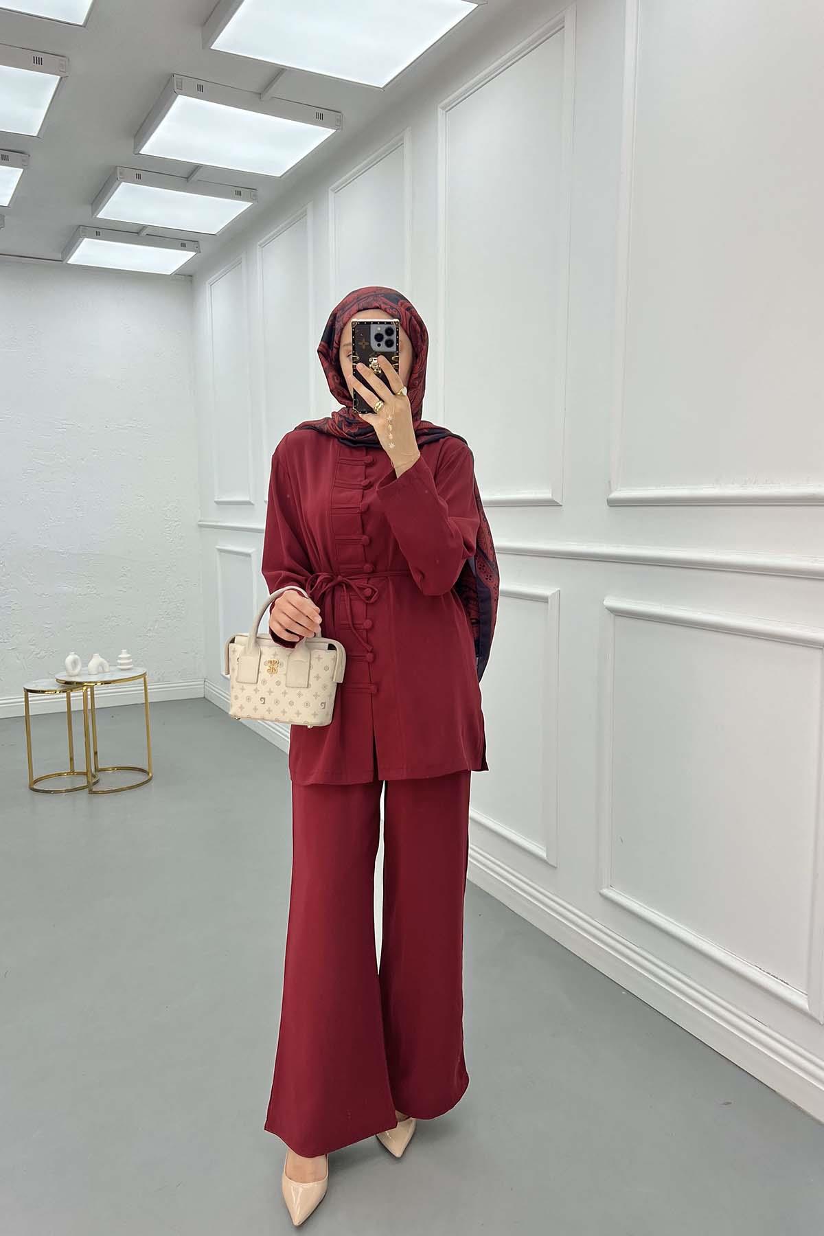 Düğme Detaylı Pantolon Takım Bordo