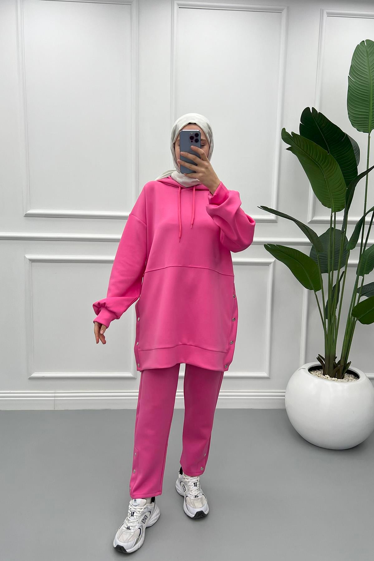Düğme Yırtmaçlı Sweat Takım Pembe