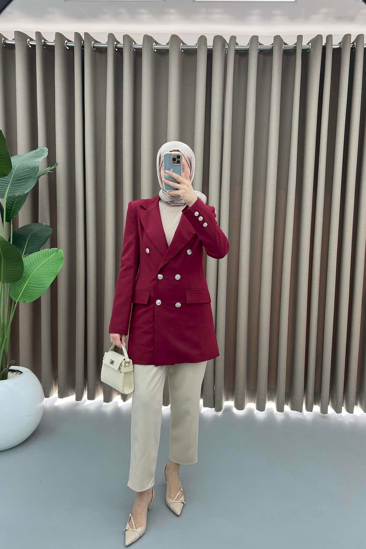 Düğmeli Blazer Ceket Bordo