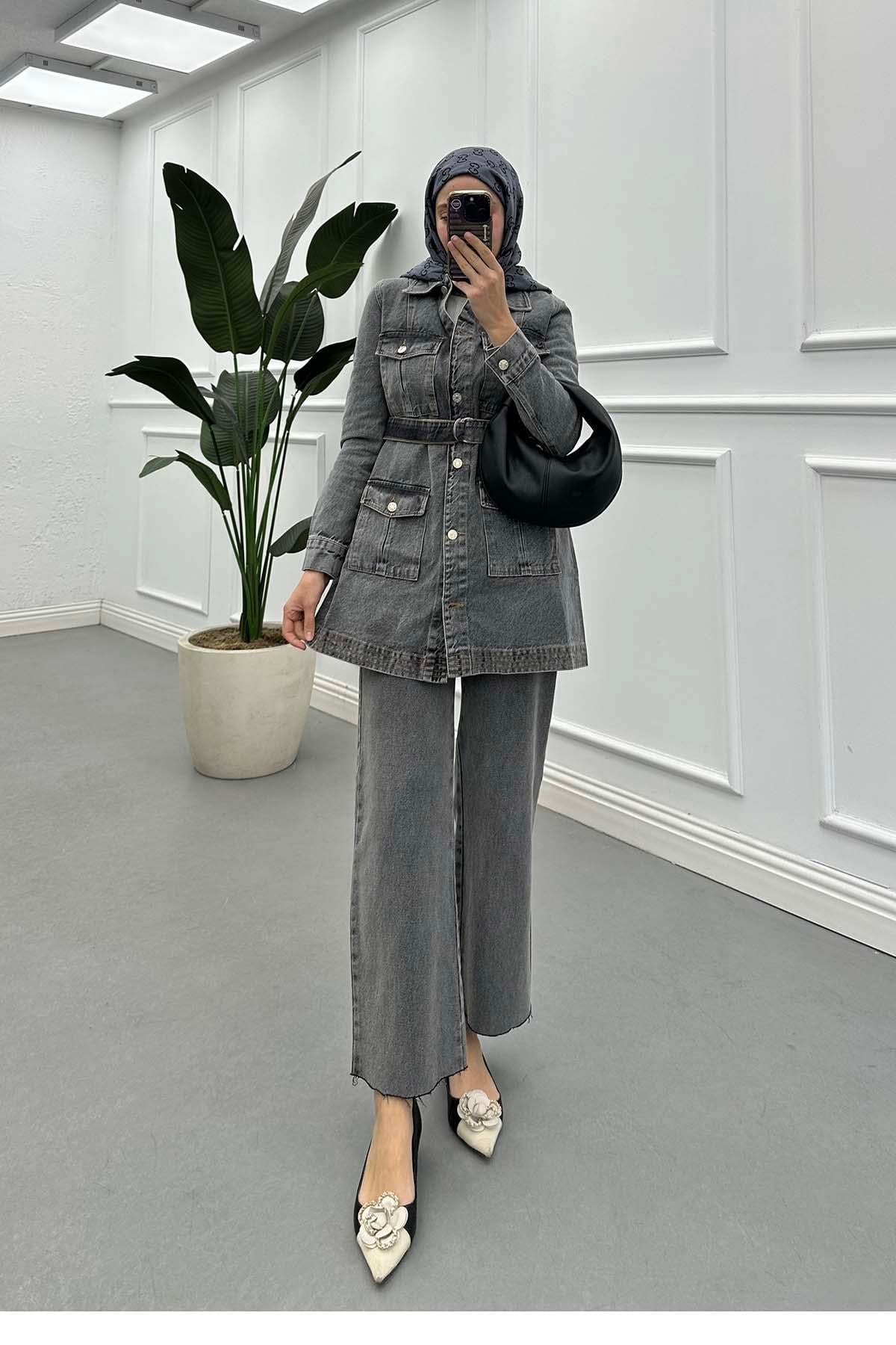 Düğmeli Denim Ceket Gri