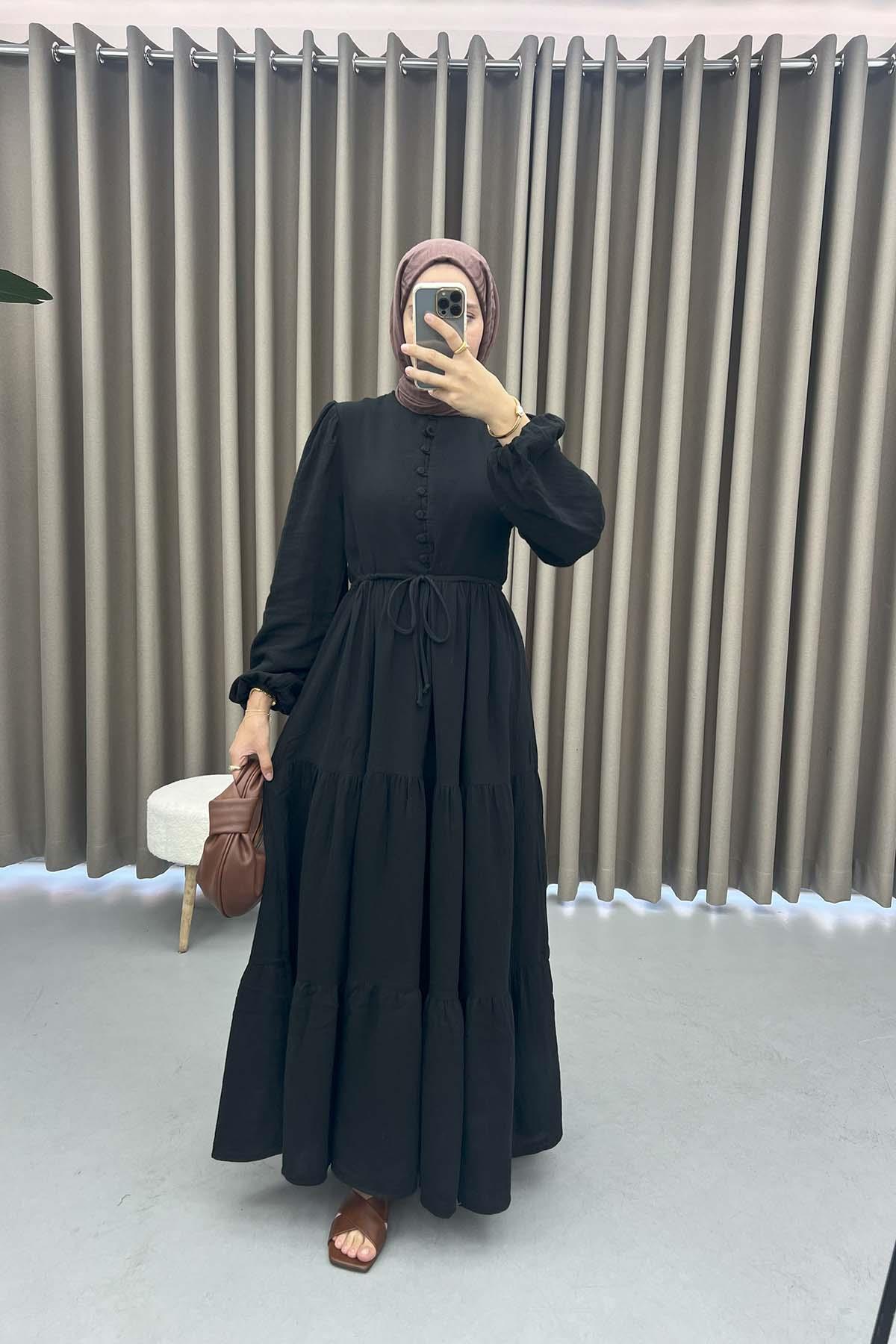 Düğmeli Müslin Elbise Siyah