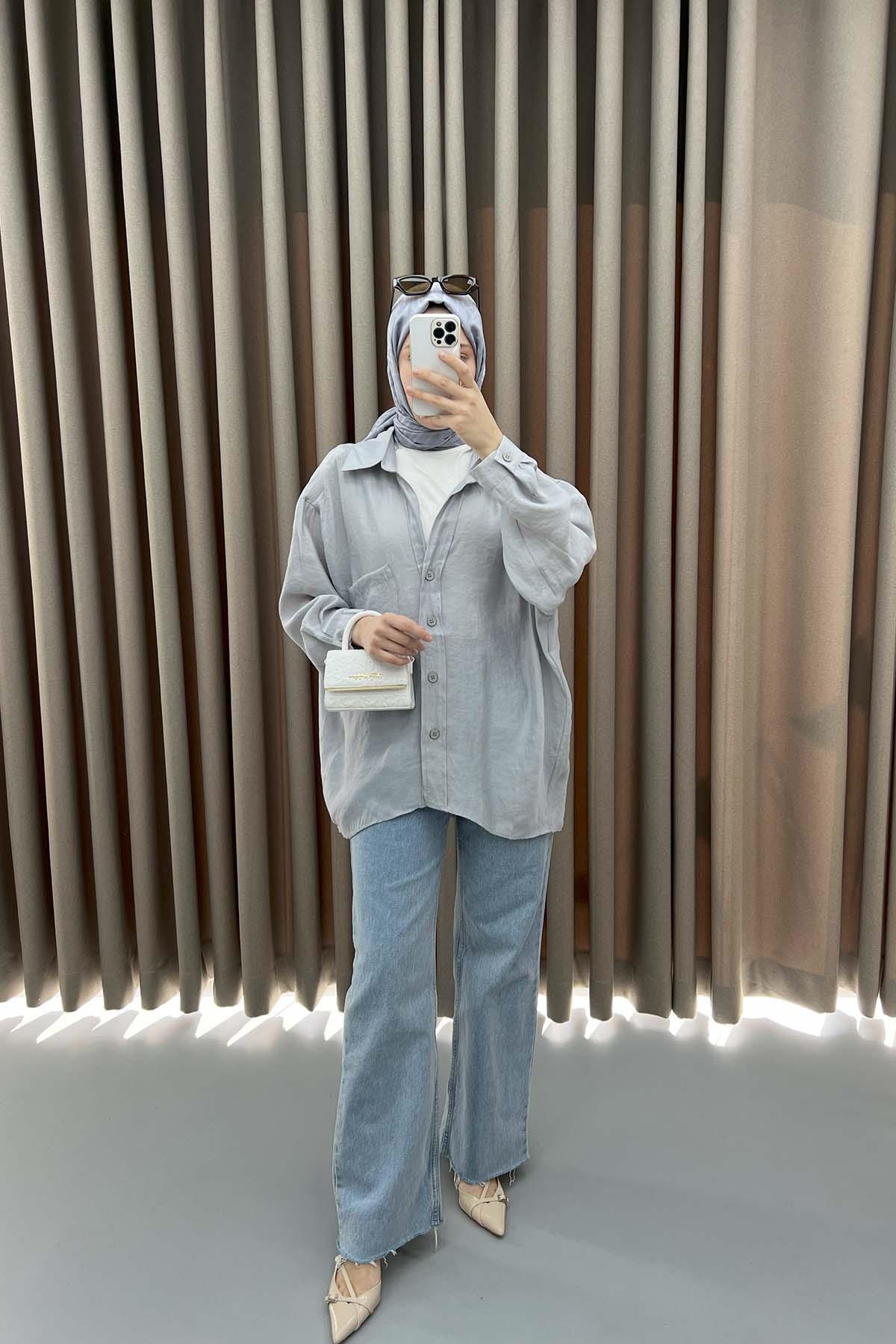 Düşük Omuzlu Oversize Gömlek Gri