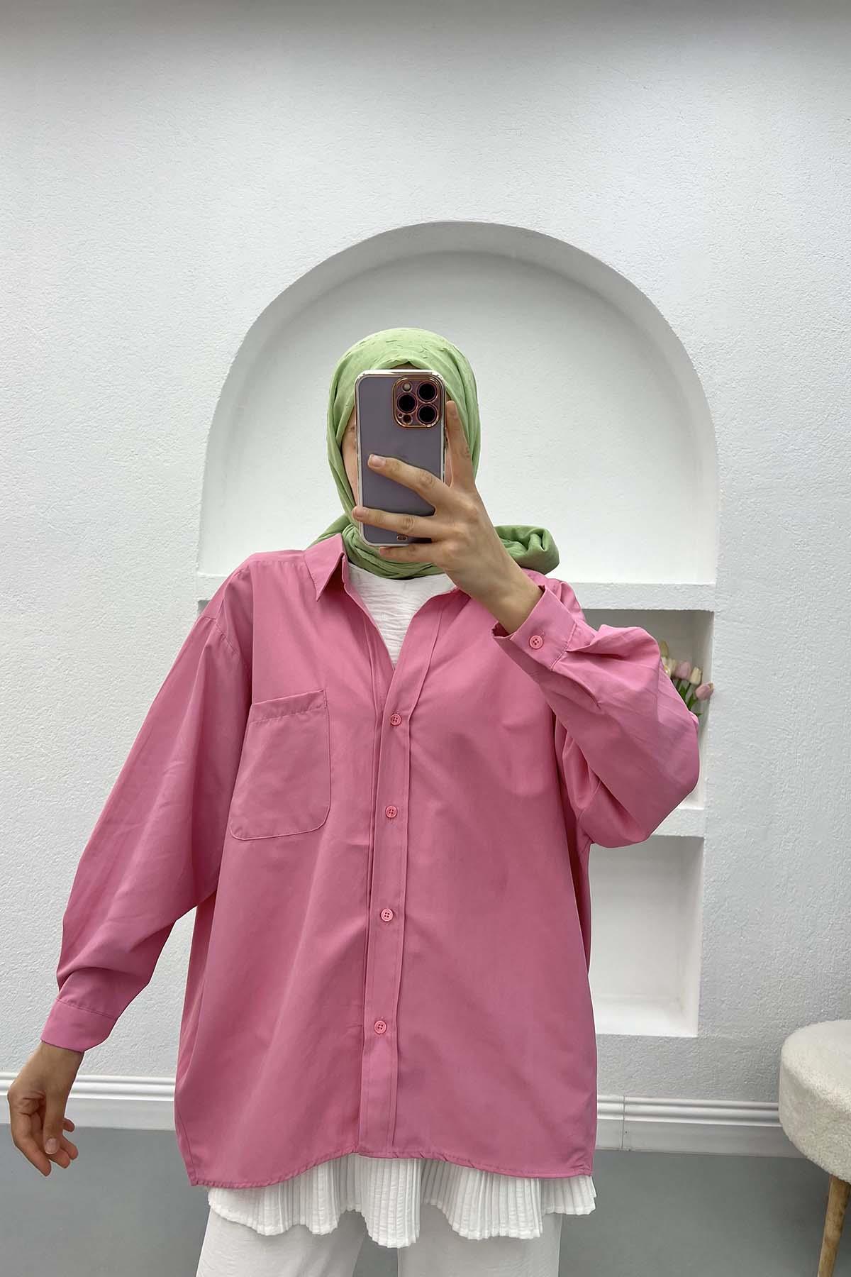 Düşük Omuzlu Oversize Gömlek Pembe