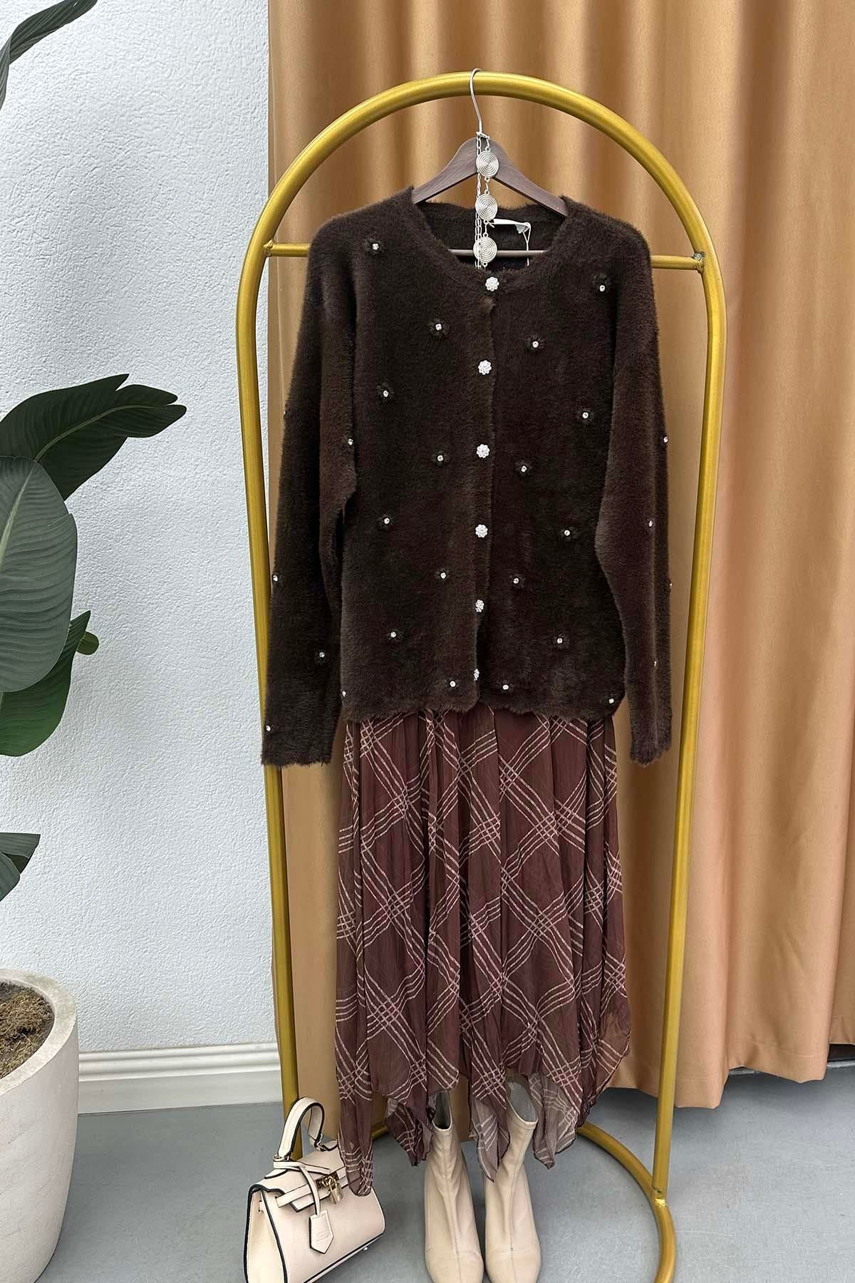 Ekose Desen Astarlı Beli Lasitkli Midi Tül Etek Kahve