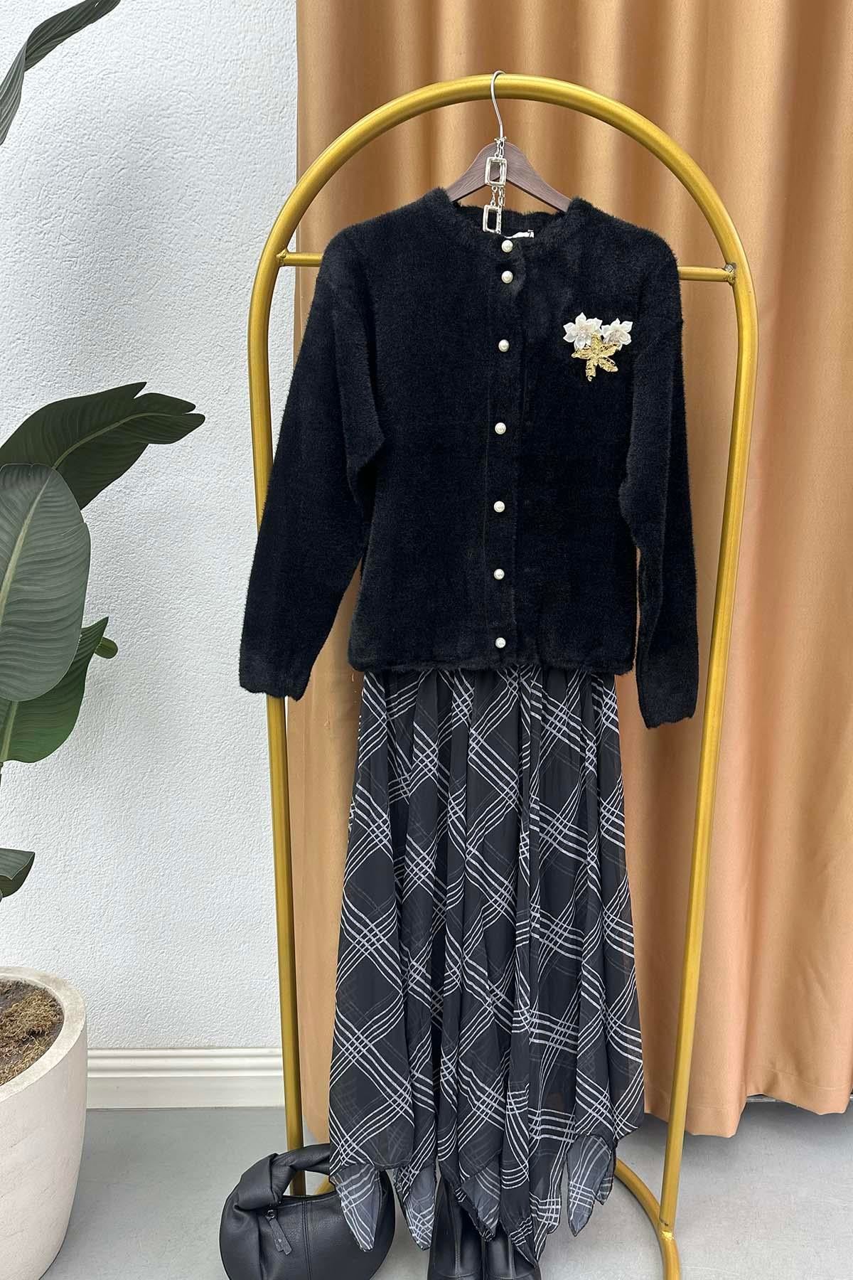 Ekose Desen Astarlı Beli Lasitkli Midi Tül Etek Siyah