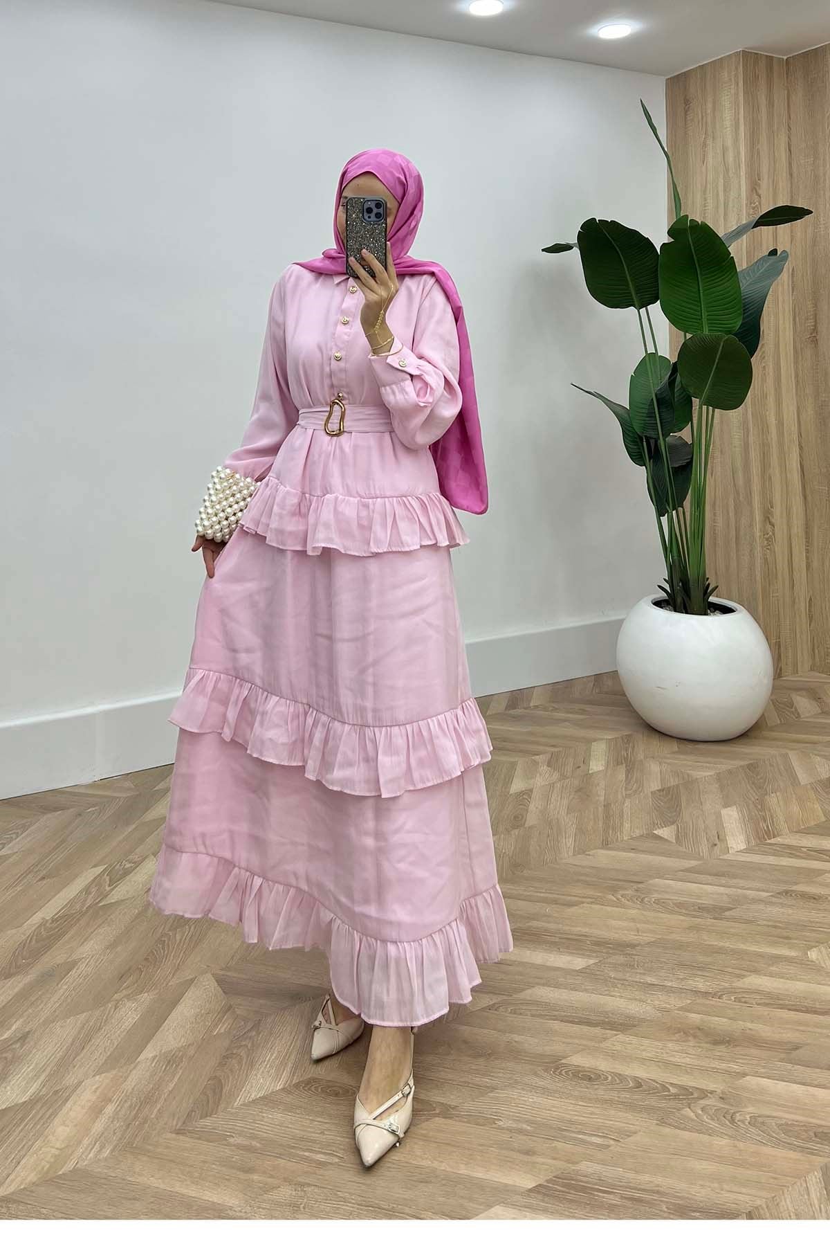 Estetik Katmanlı Gold Detaylı Elbise Pembe