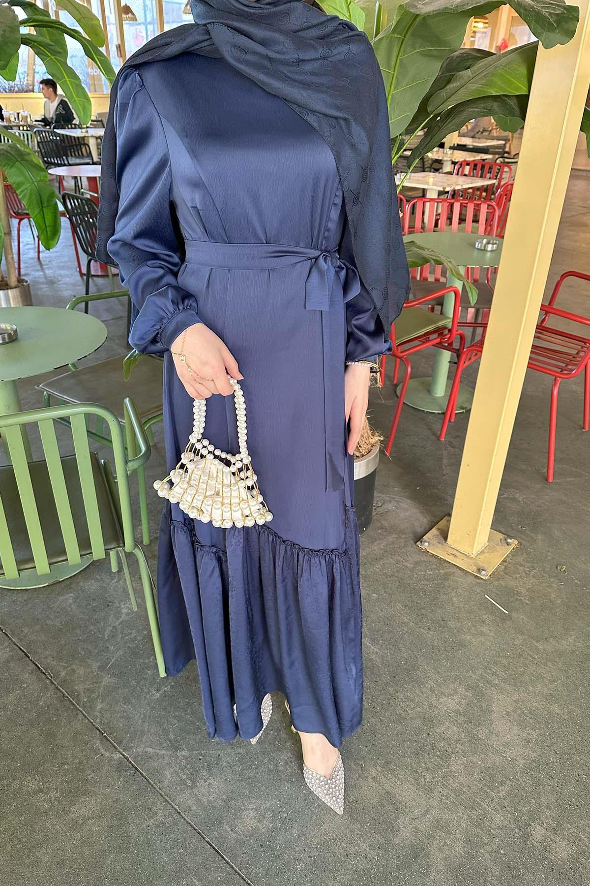 Eteği Desenli Bağlamalı Elbise Lacivert