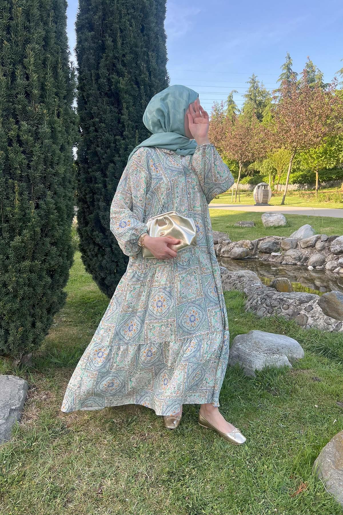 Etnik Desen Çiçekli Elbise Mint