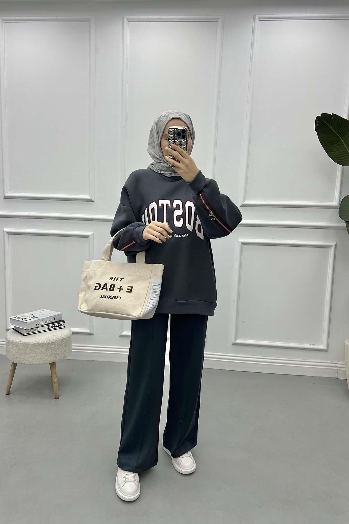 Fermuar Detaylı Üç İplik Sweatshirt Antrasit