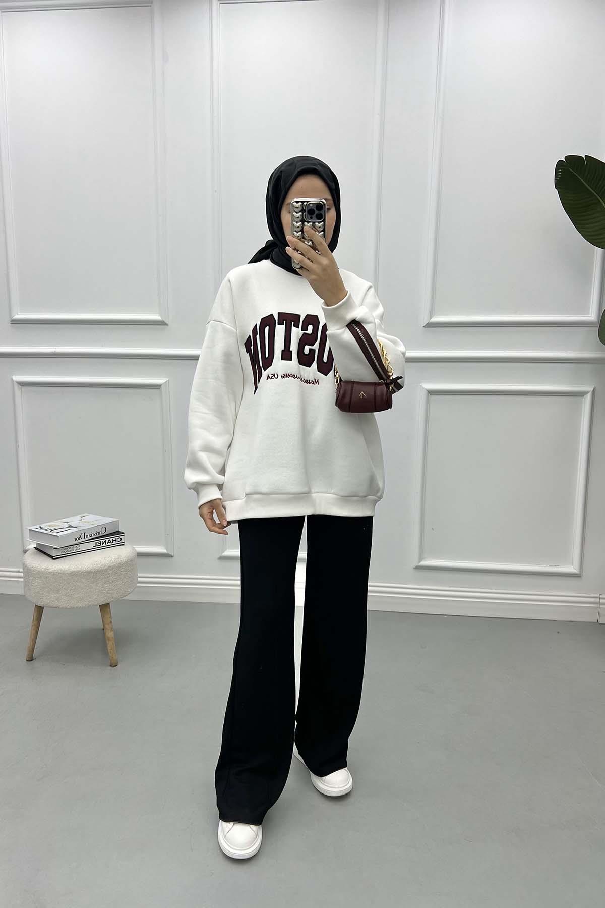 Fermuar Detaylı Üç İplik Sweatshirt Beyaz