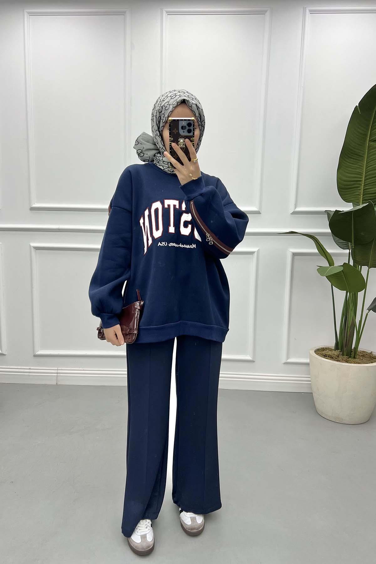 Fermuar Detaylı Üç İplik Sweatshirt Lacivert