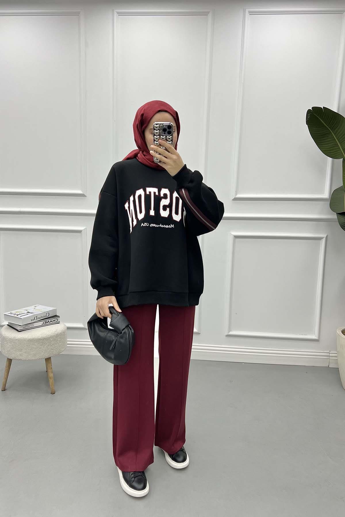 Fermuar Detaylı Üç İplik Sweatshirt Siyah