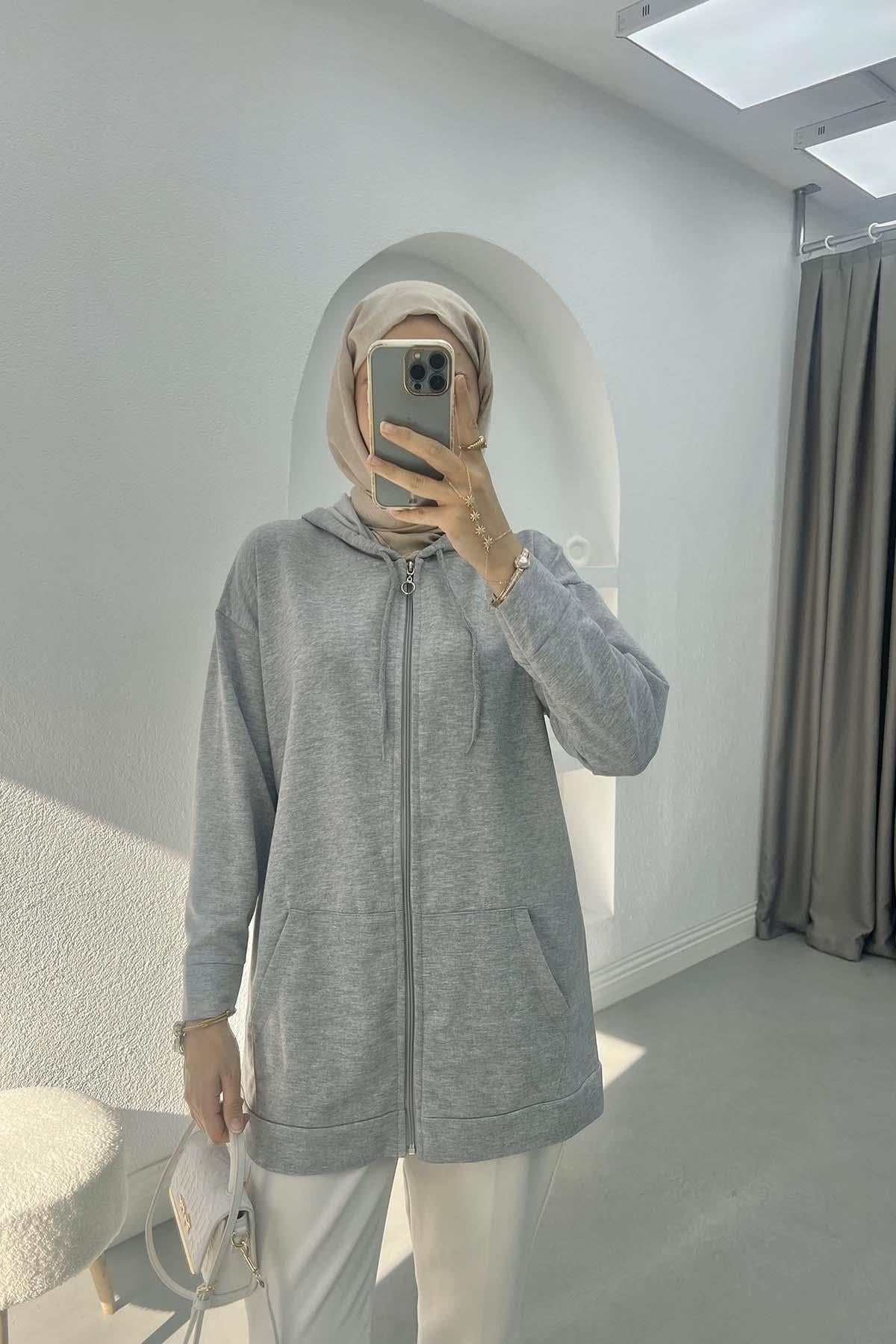 Fermuarlı Okul Sweatshirt Açık Gri