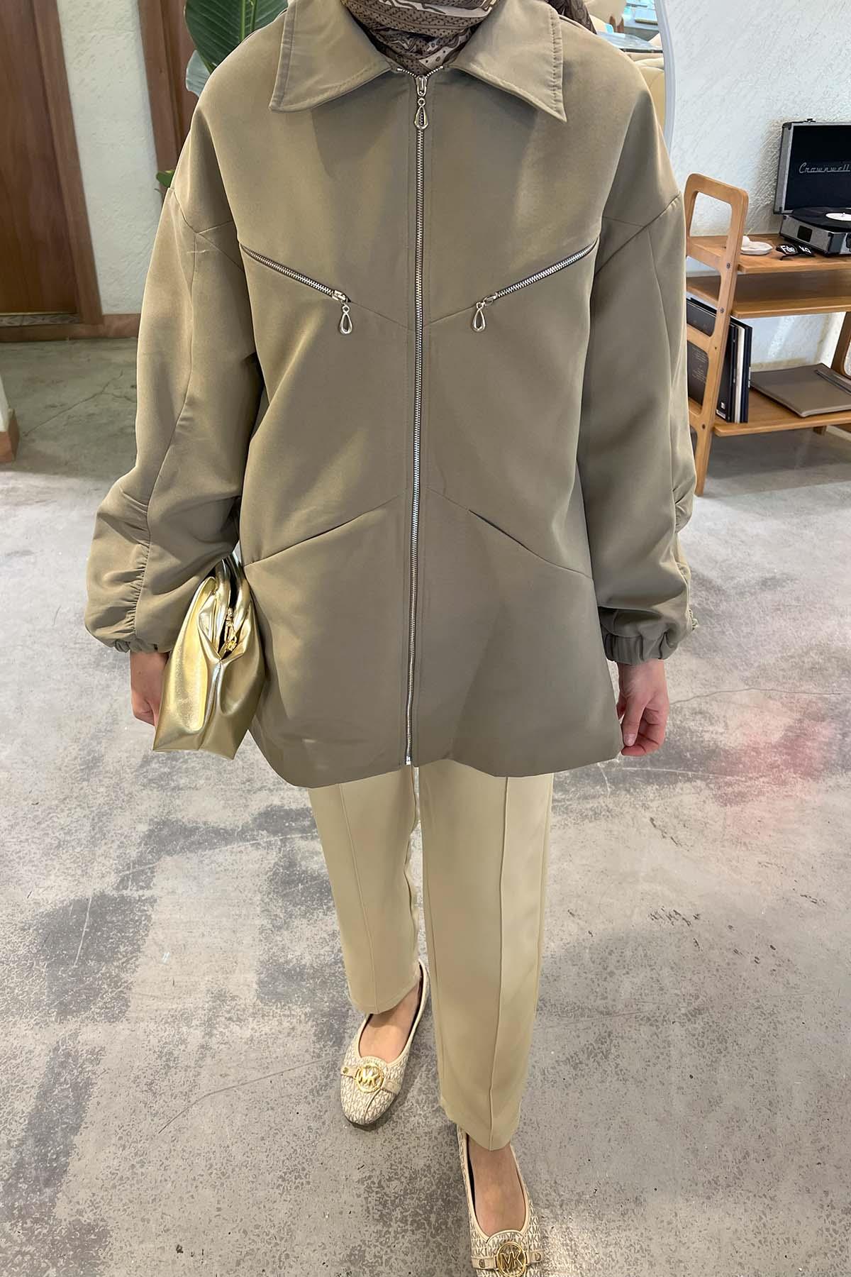 Fermuarlı Trençkot Soft Yeşil