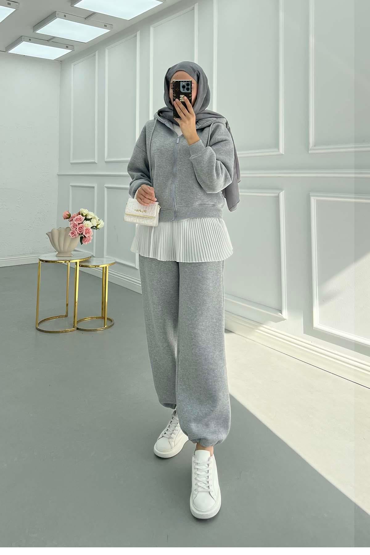 Fermuarlı Üç İplik Okul Sweatshirt Gri