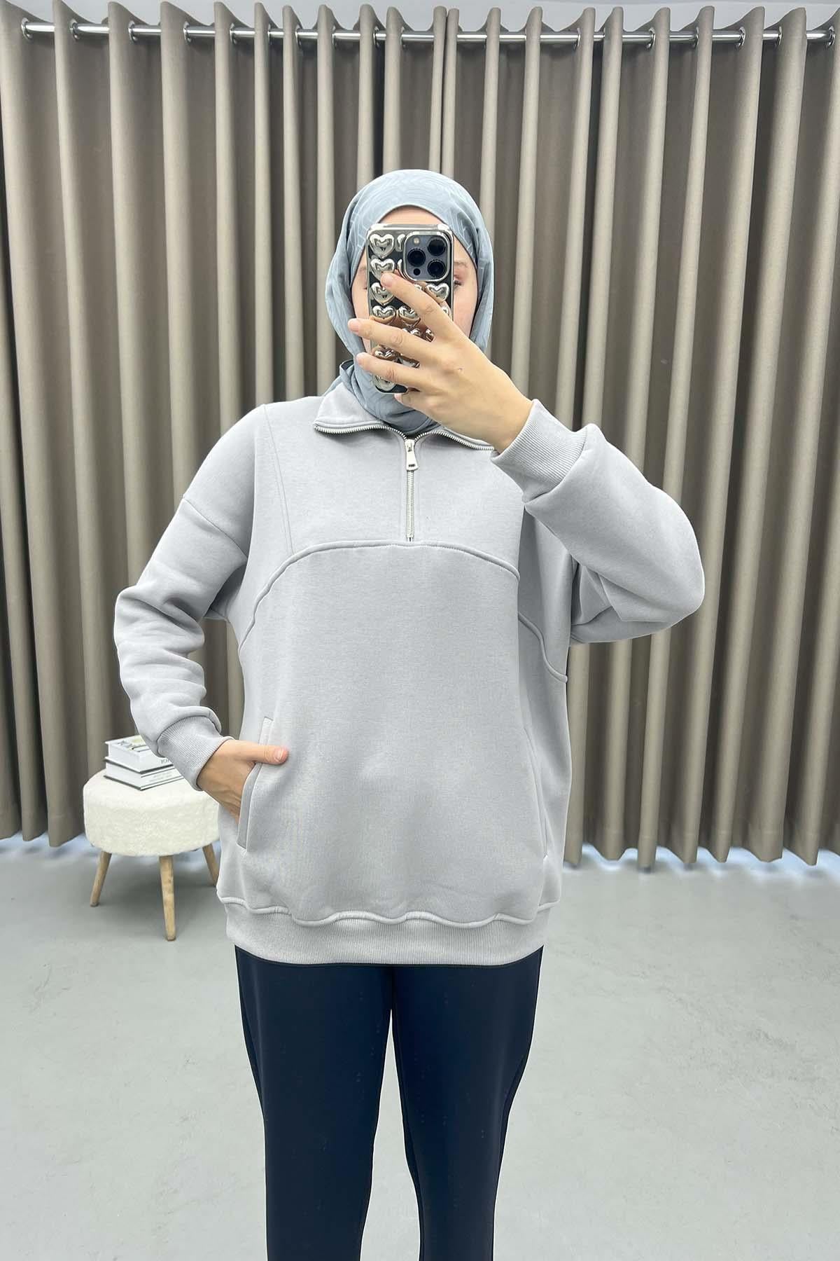 Fermuarlı Üç İplik Sweatshirt Gri