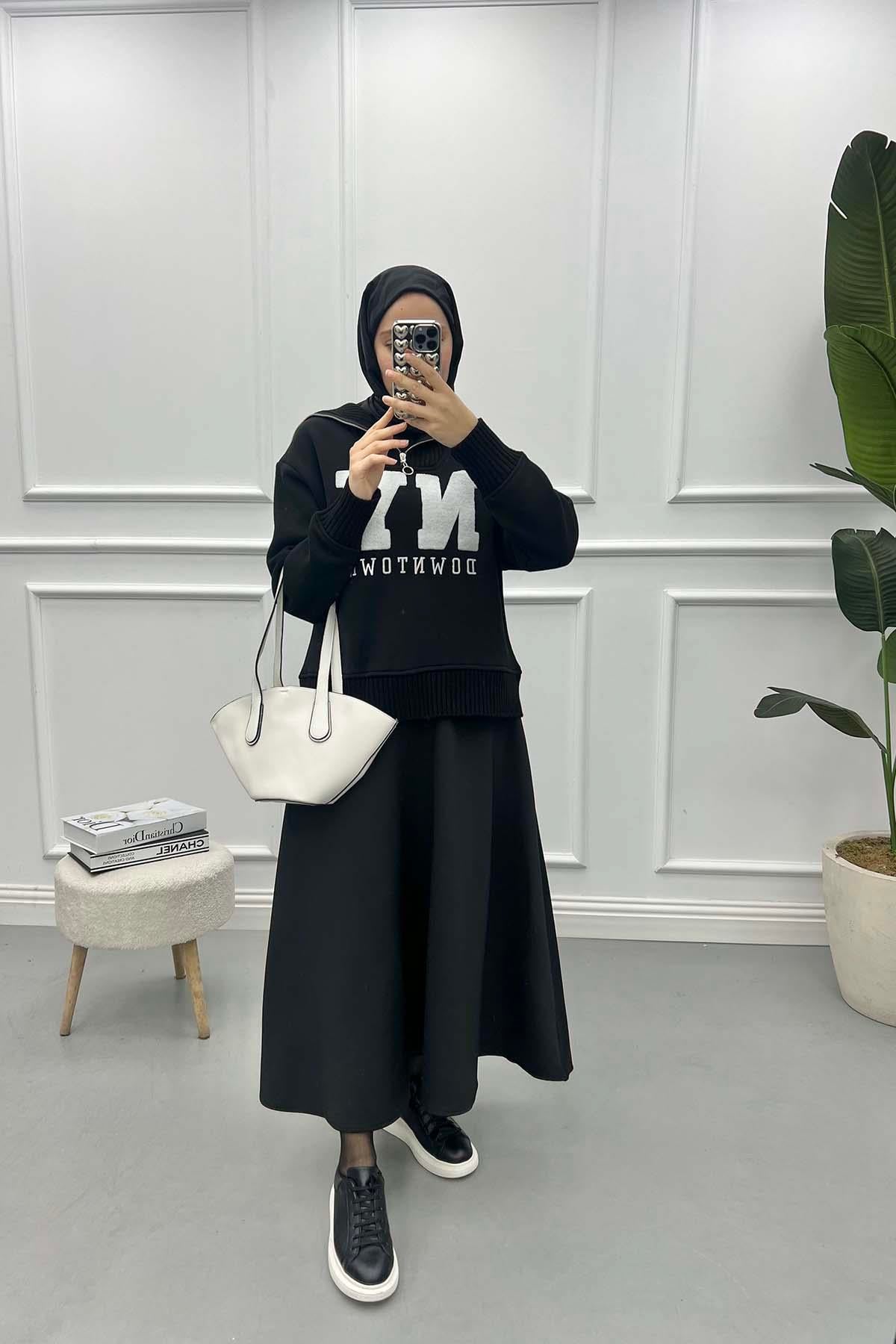 Fermuarlı Yazılı Sweatshirt Siyah