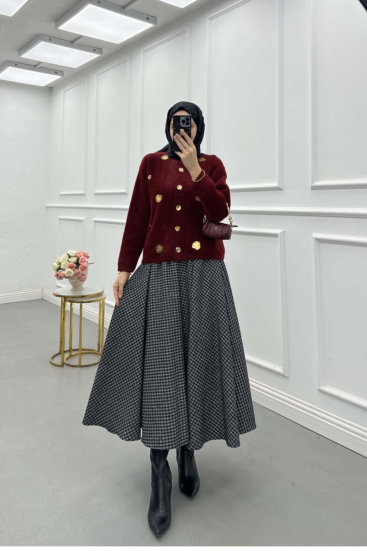 Figürlü Angora Hırka Bordo
