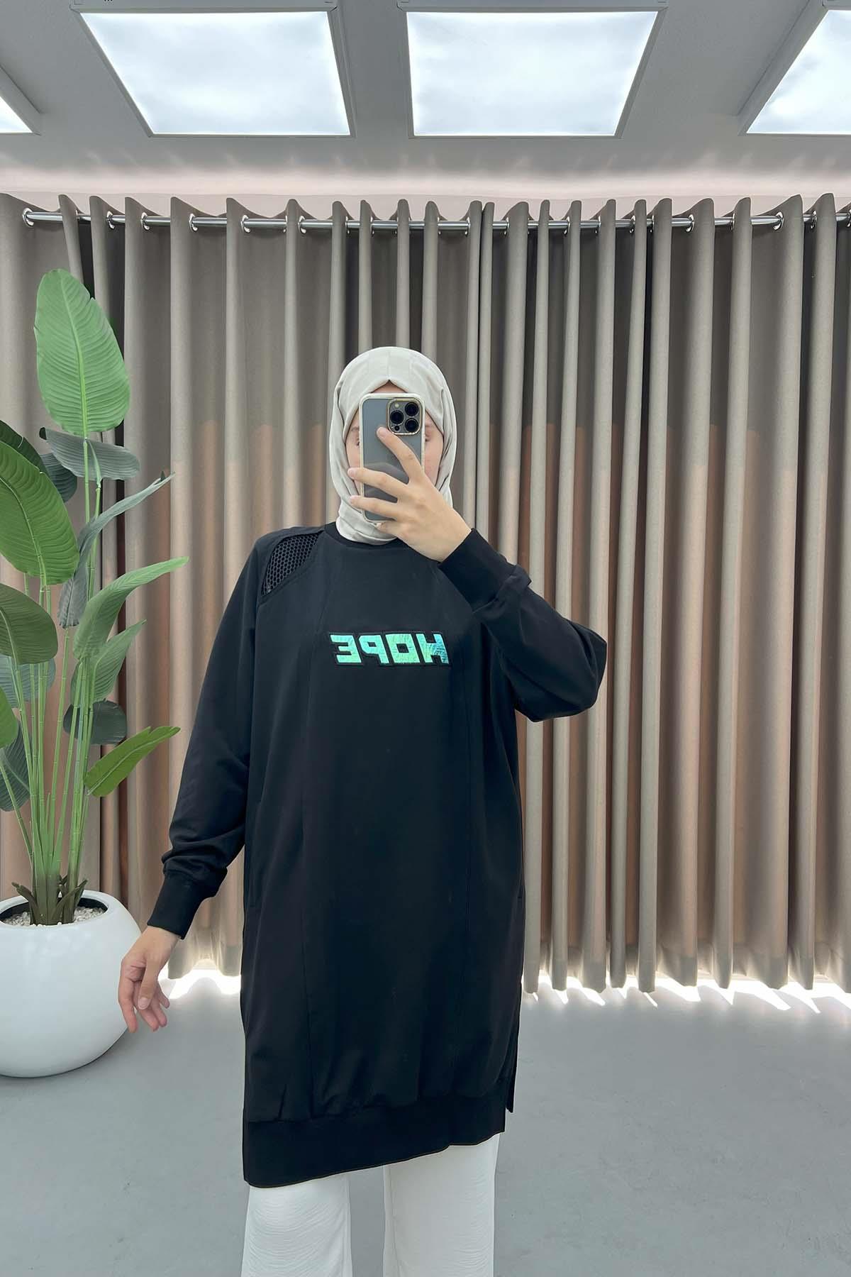 File Ve Hologram Detaylı Tunik Siyah