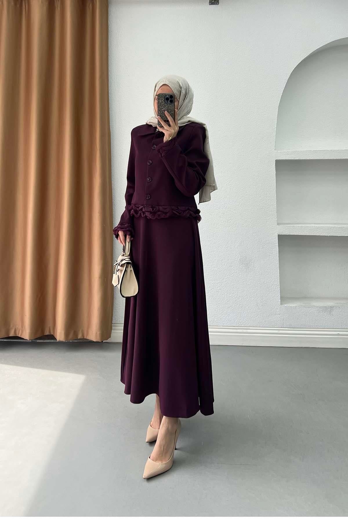 Fırfır Detaylı Elegant Döpiyes Takım Mürdüm