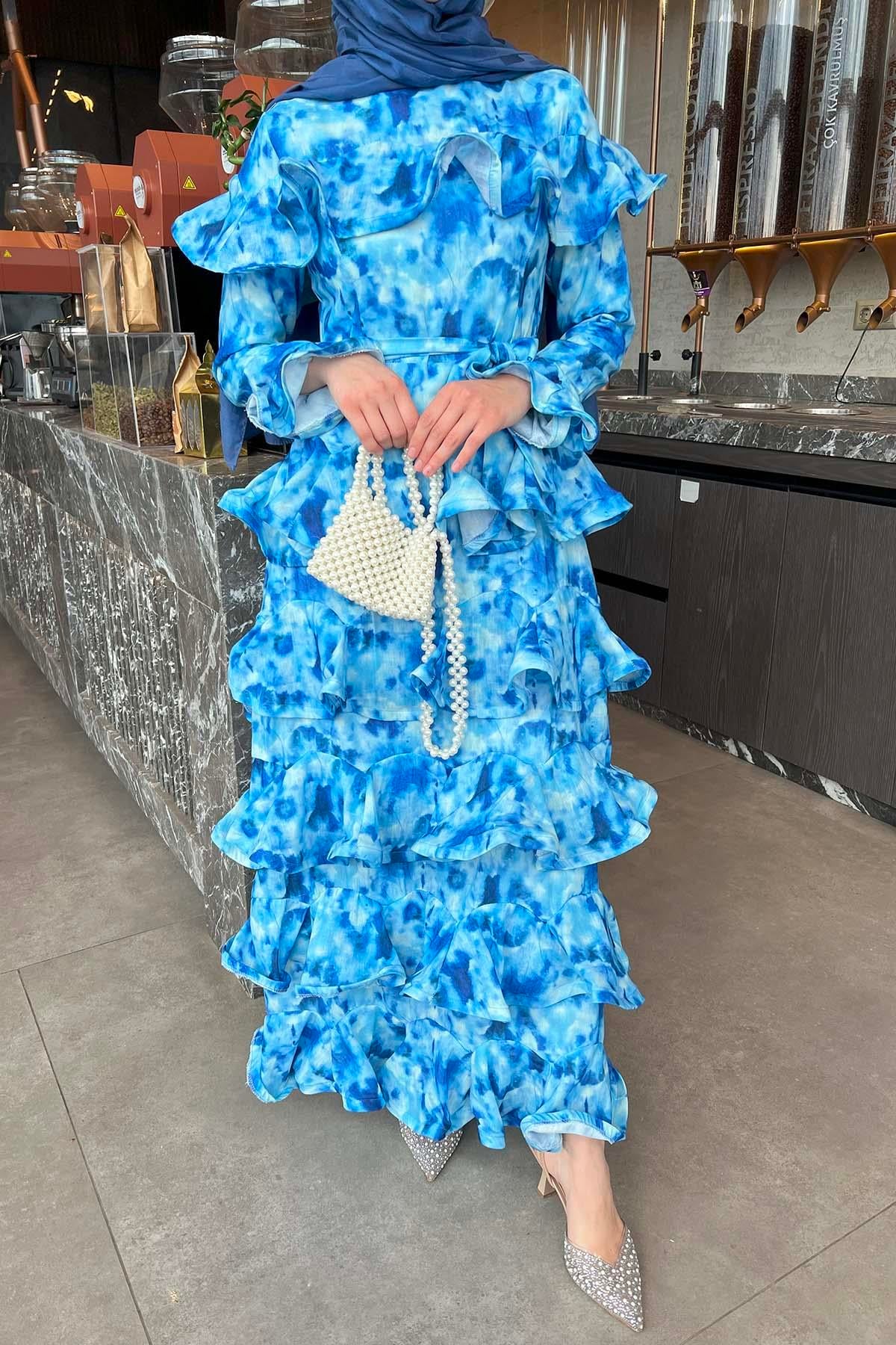Fırfırlı Elbise Mavi