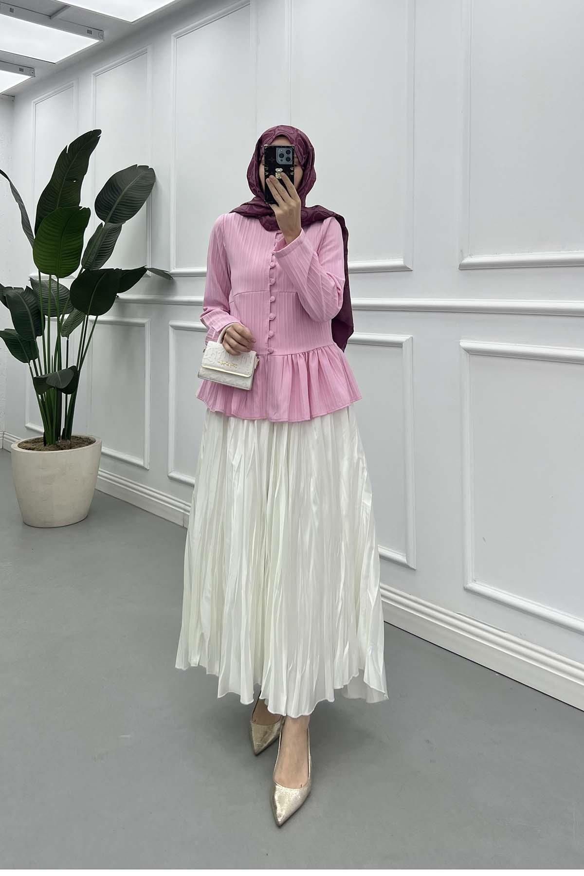 Fitilli ve Volanlı Peplum Gömlek Pembe